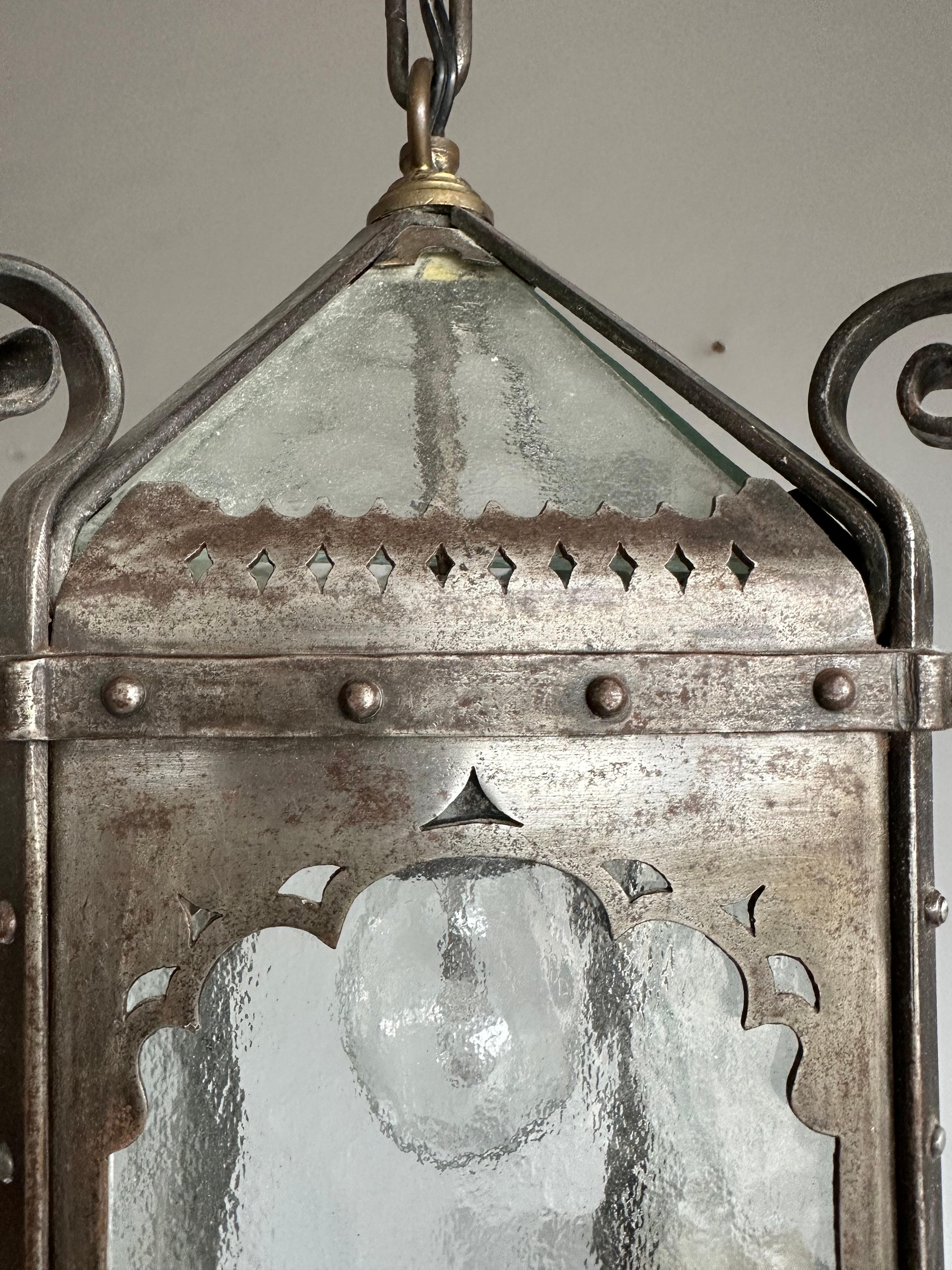 Arts & Crafts Era Gothic Revival Nailed Wrought Iron & Glass Lantern, Pendant 5