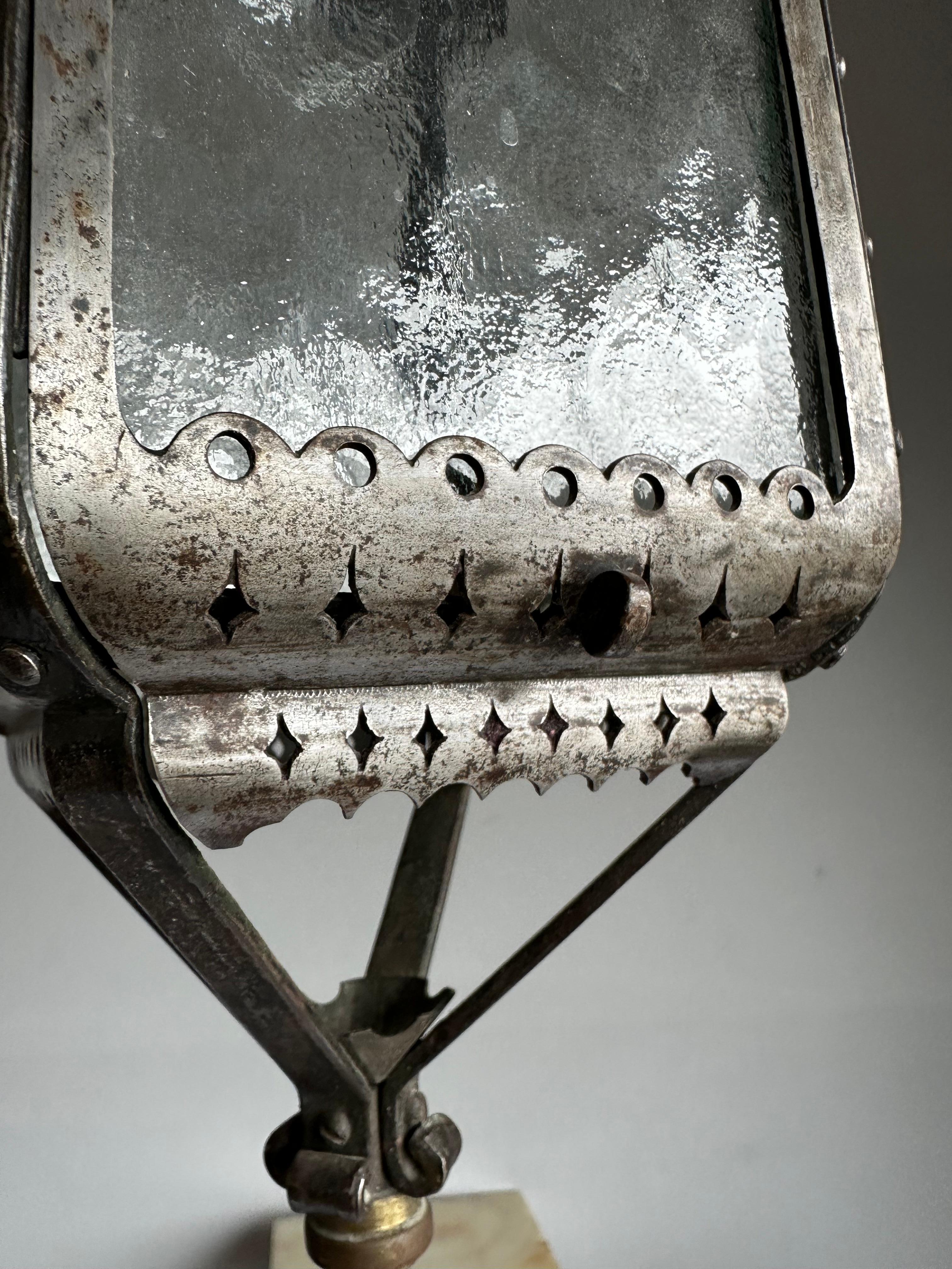 Arts & Crafts Era Gothic Revival Nailed Wrought Iron & Glass Lantern, Pendant 6
