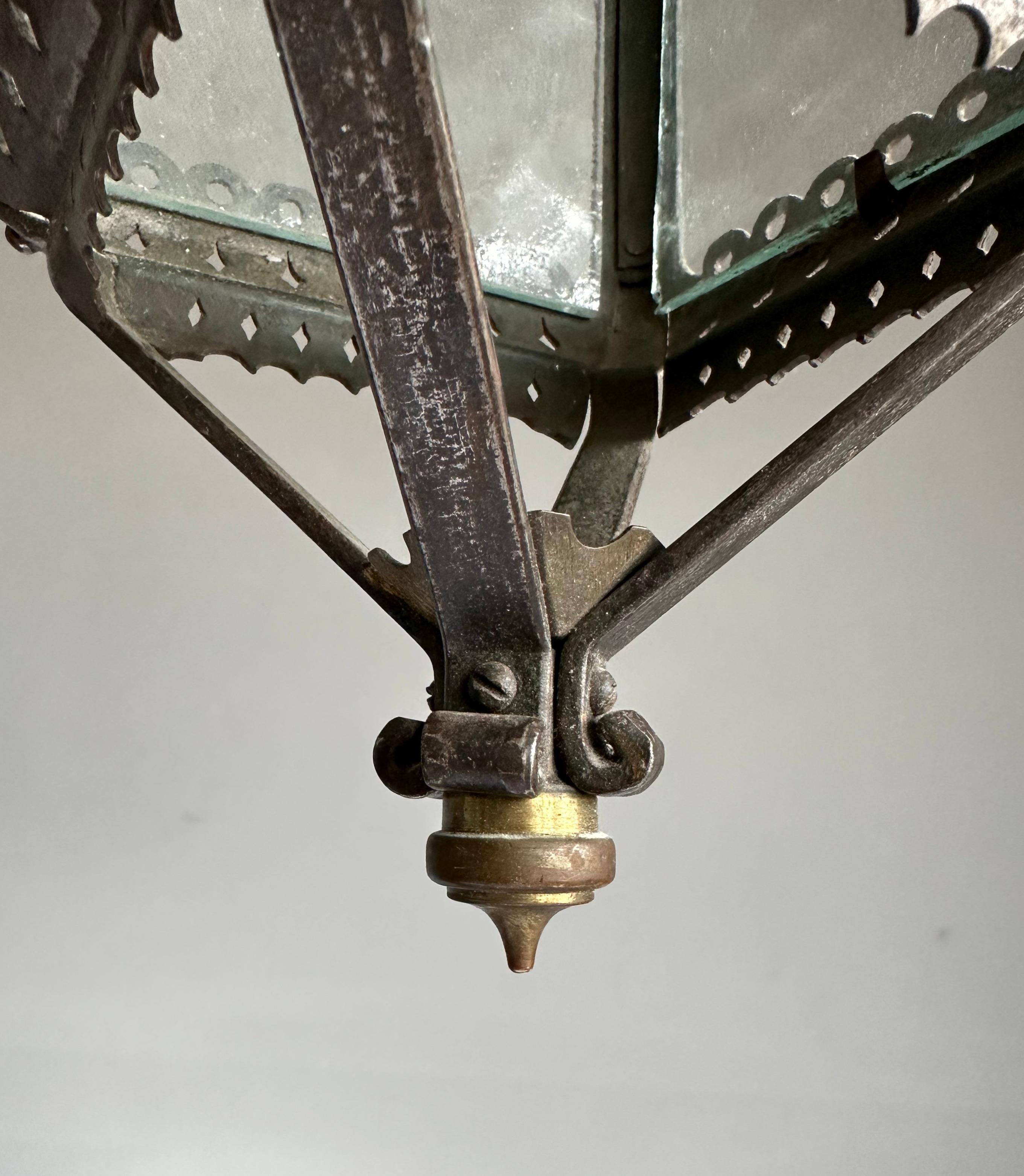 Arts & Crafts Era Gothic Revival Nailed Wrought Iron & Glass Lantern, Pendant 7