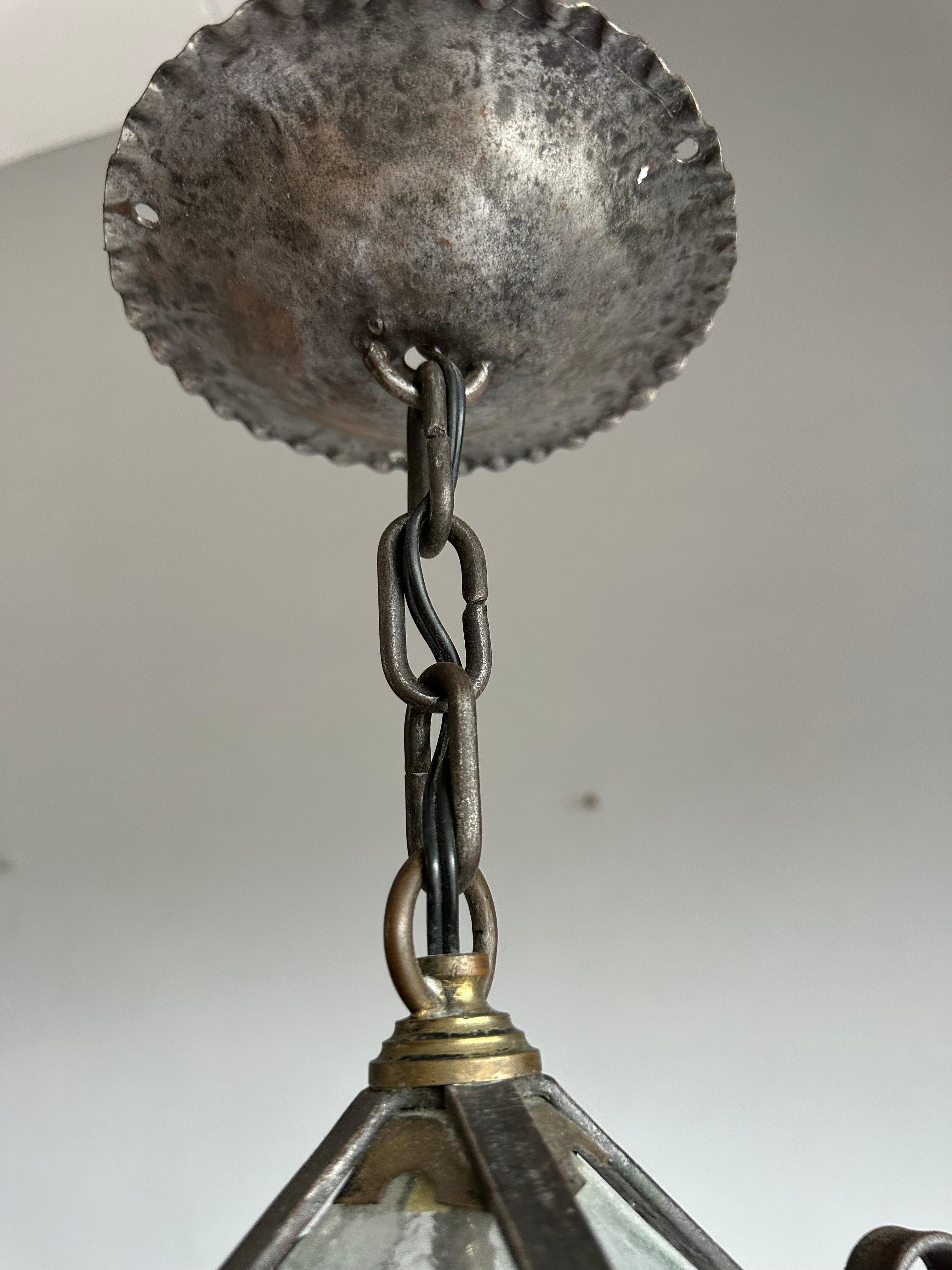 Arts & Crafts Era Gothic Revival Nailed Wrought Iron & Glass Lantern, Pendant 8