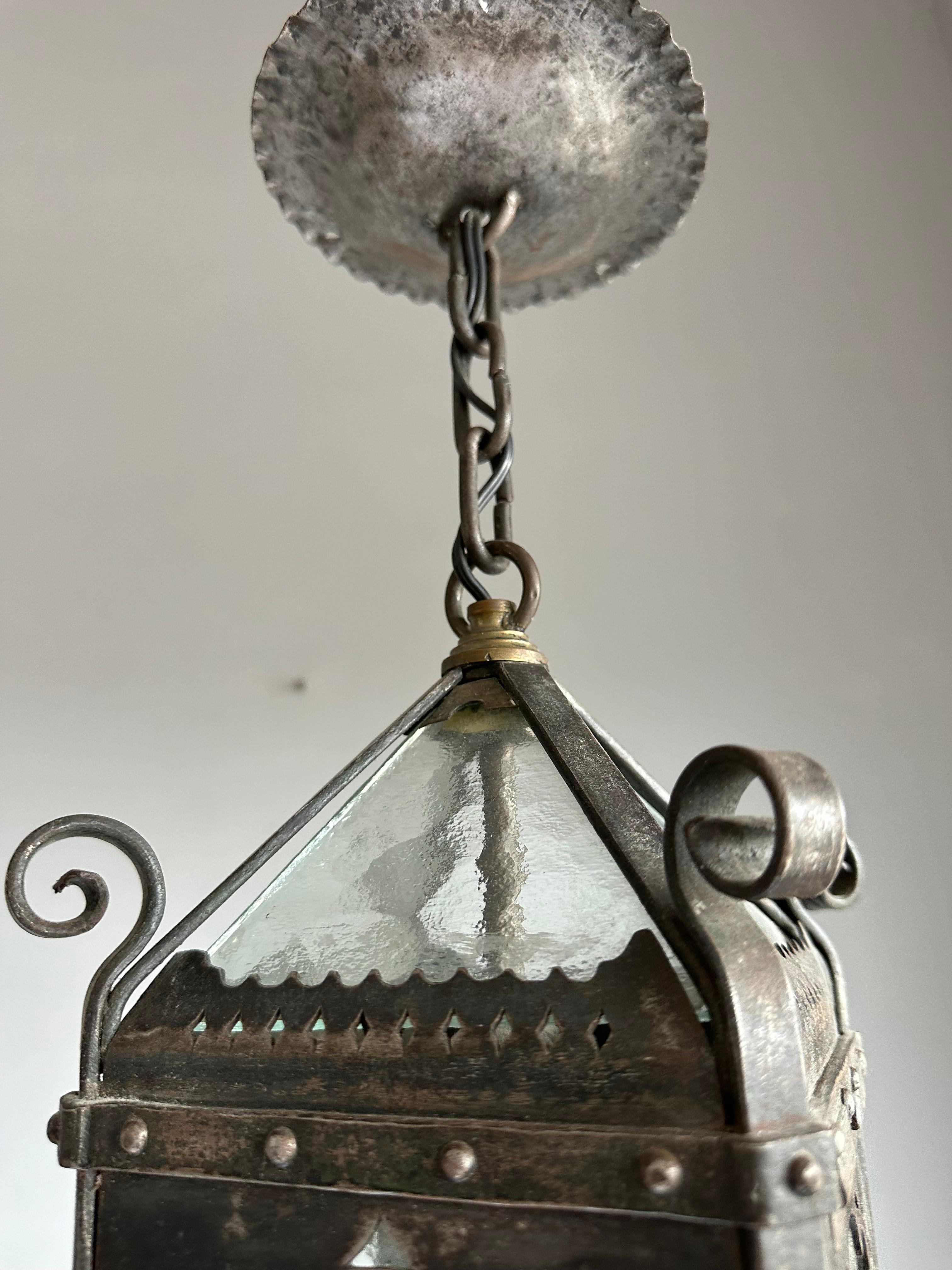 Arts & Crafts Era Gothic Revival Nailed Wrought Iron & Glass Lantern, Pendant 9