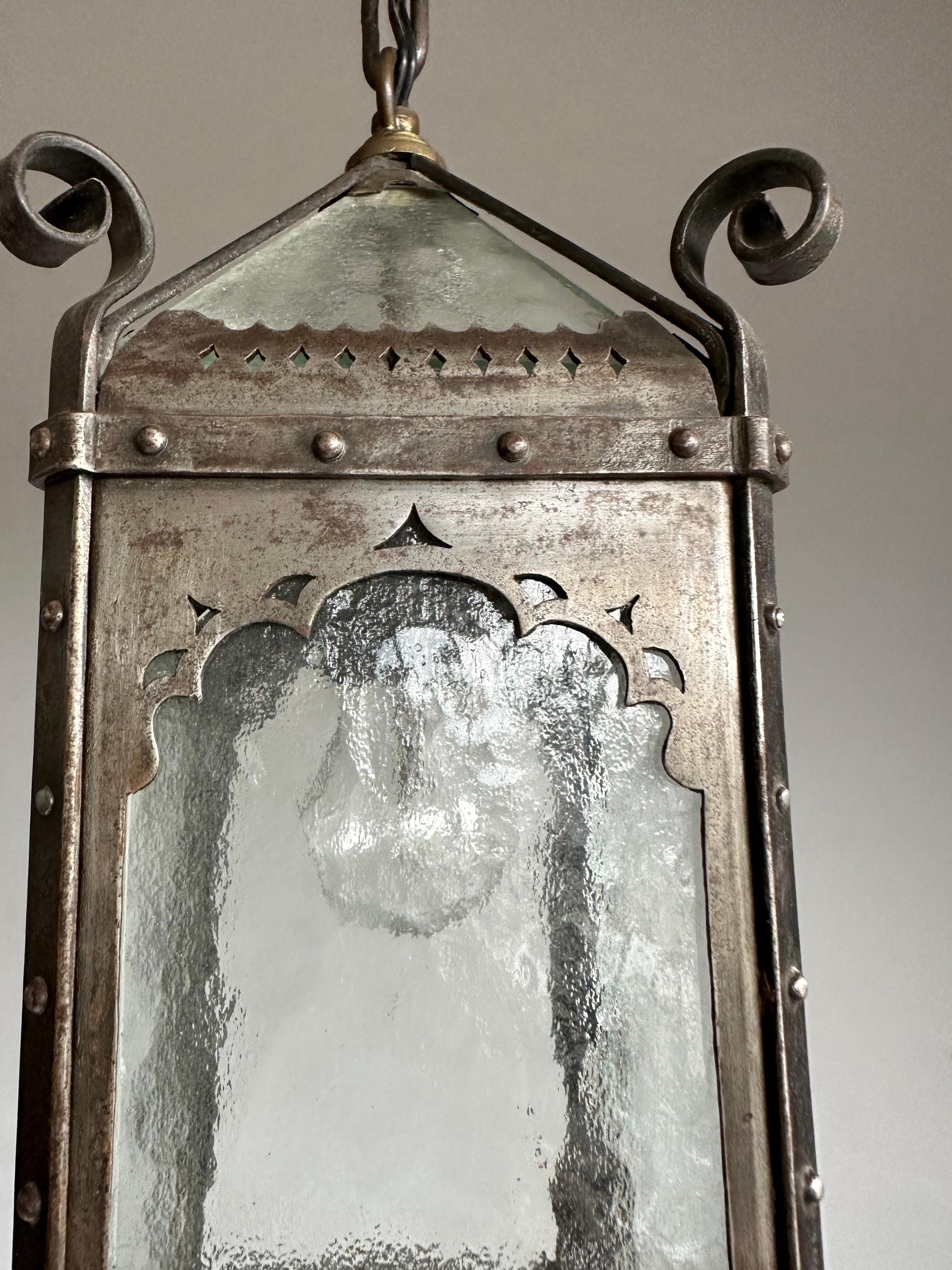 Arts & Crafts Era Gothic Revival Nailed Wrought Iron & Glass Lantern, Pendant 13