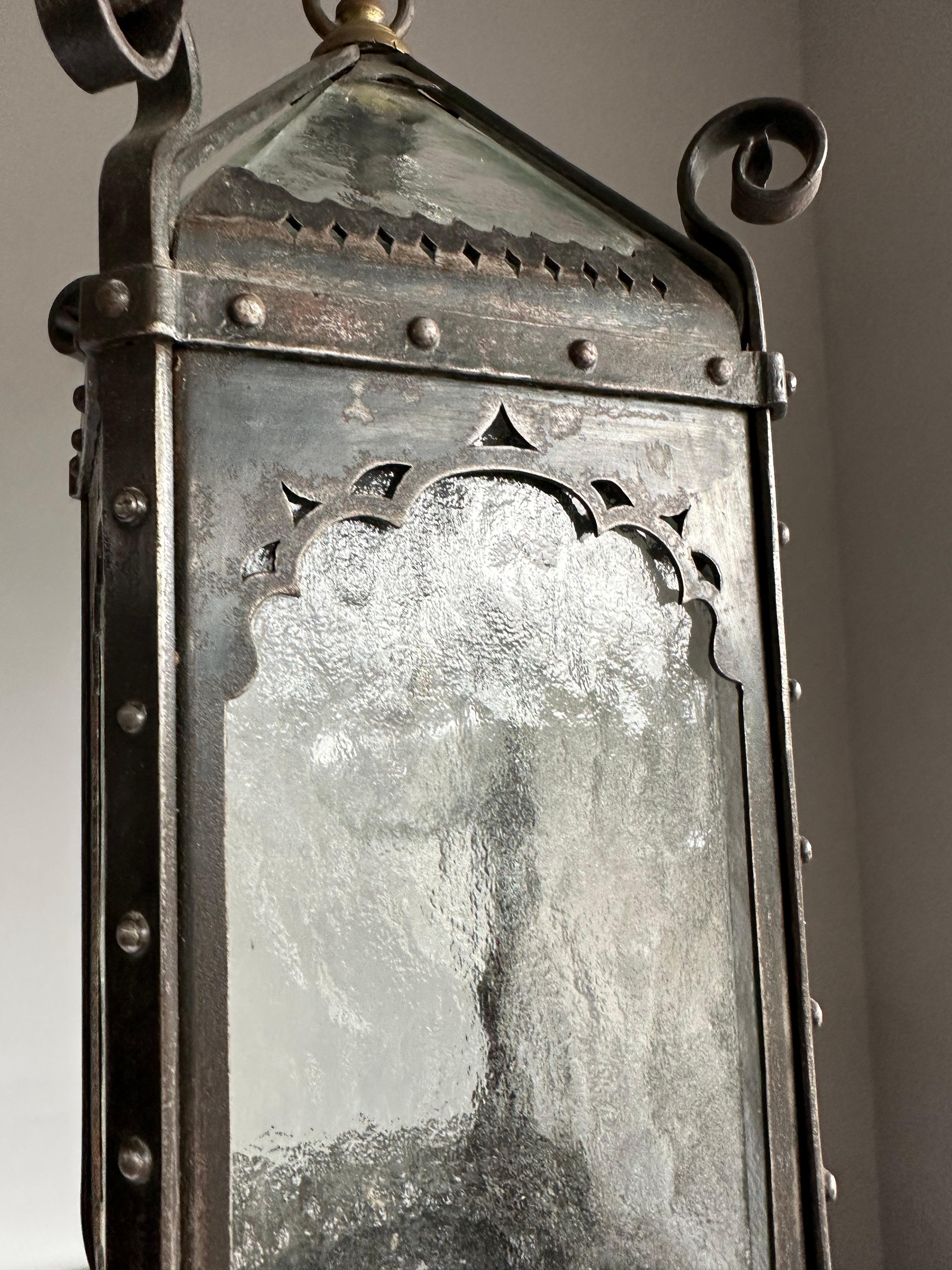 European Arts & Crafts Era Gothic Revival Nailed Wrought Iron & Glass Lantern, Pendant