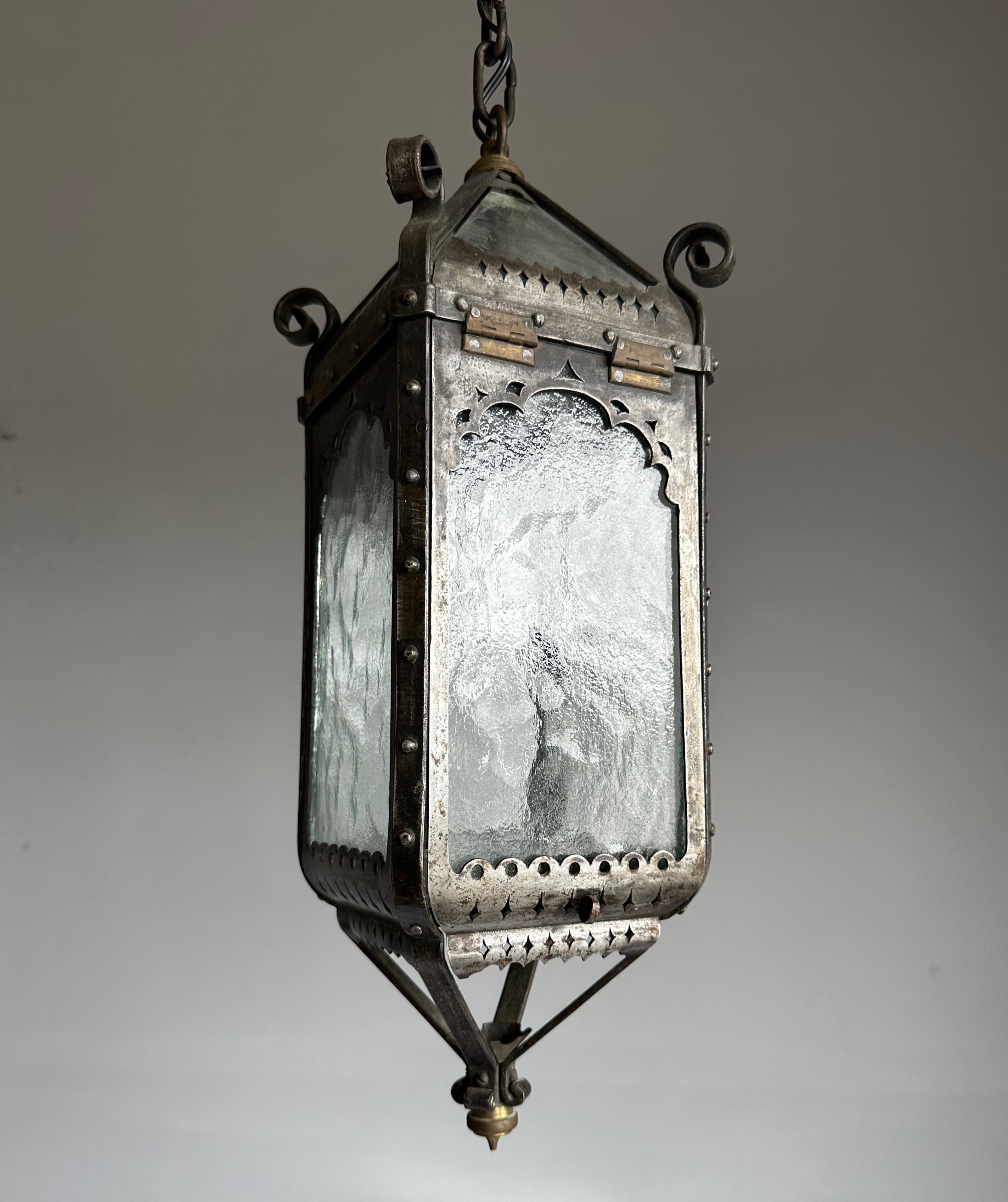 Cast Arts & Crafts Era Gothic Revival Nailed Wrought Iron & Glass Lantern, Pendant