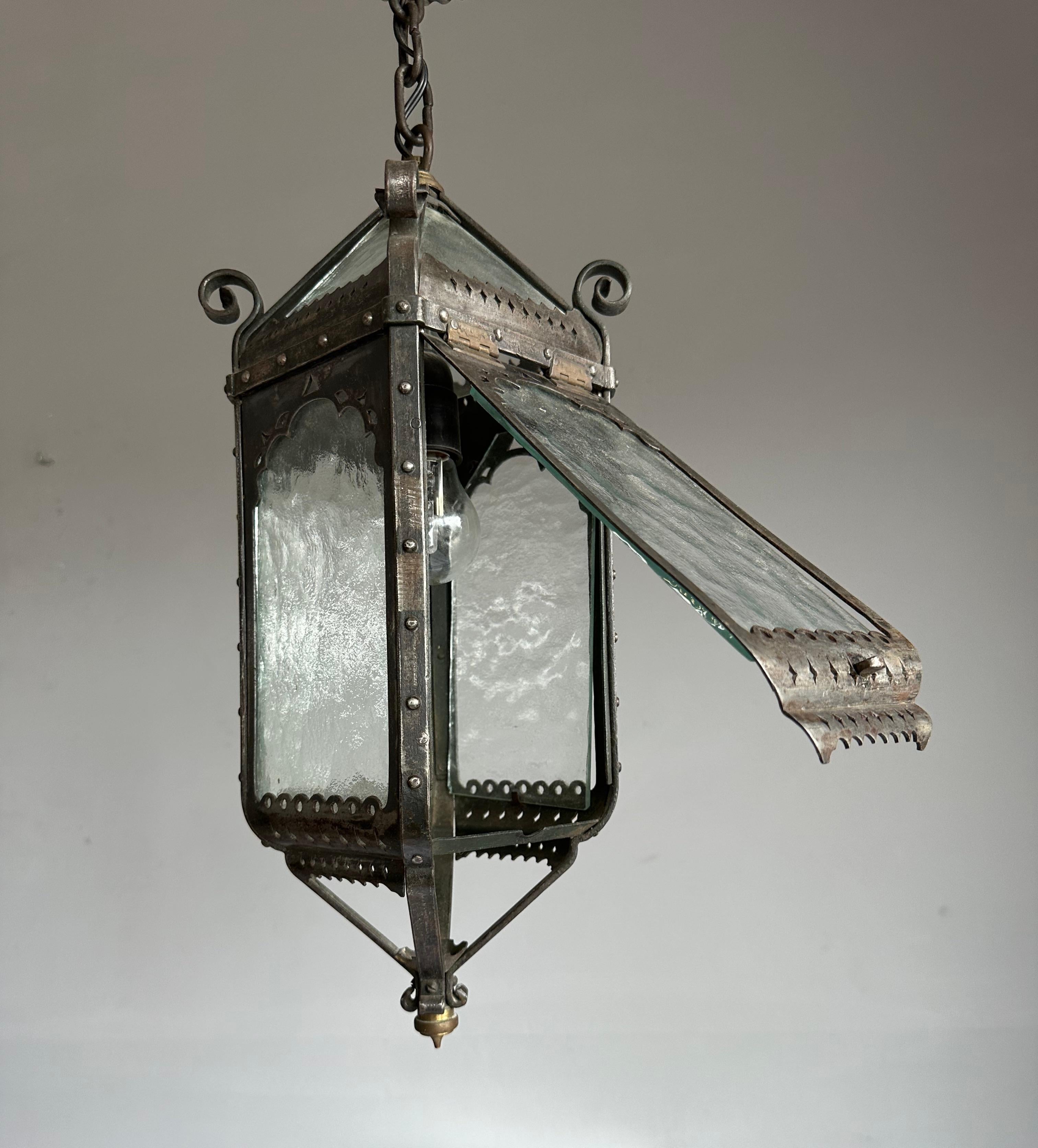 Arts & Crafts Era Gothic Revival Nailed Wrought Iron & Glass Lantern, Pendant In Good Condition In Lisse, NL