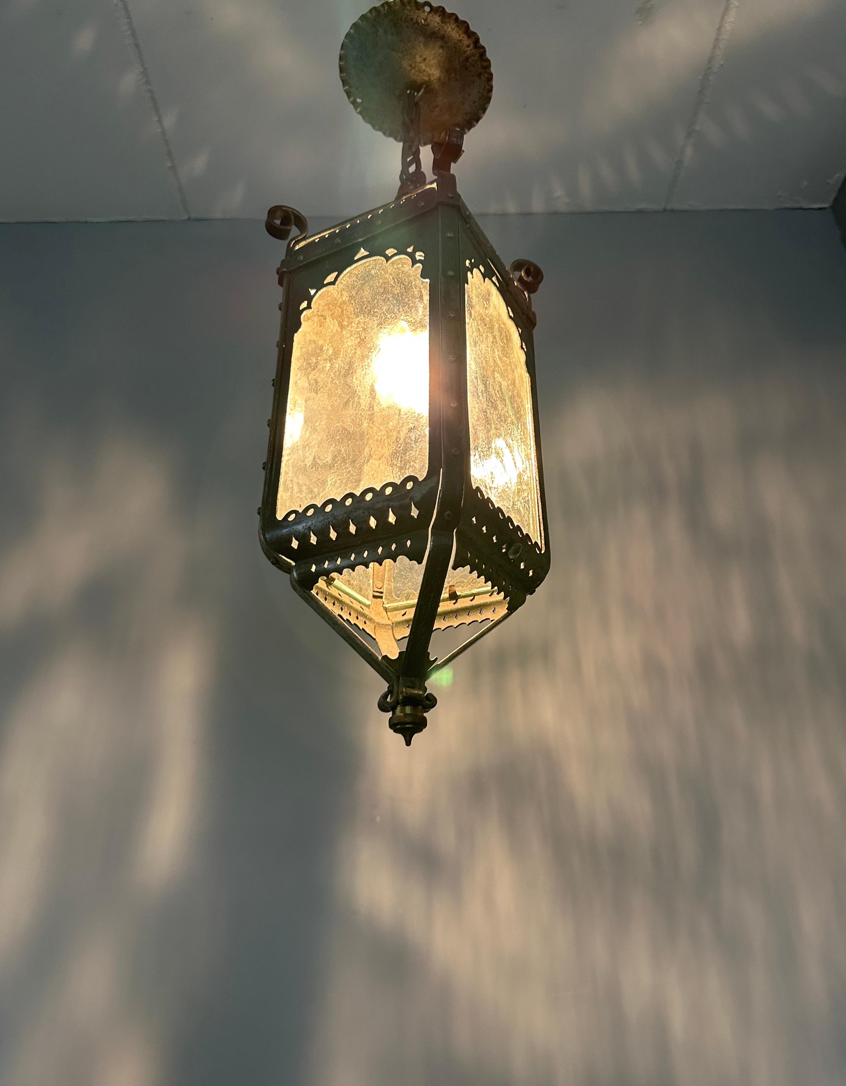 Arts & Crafts Era Gothic Revival Nailed Wrought Iron & Glass Lantern, Pendant 2
