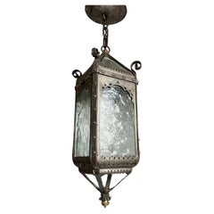 Arts & Crafts Era Gothic Revival Nailed Wrought Iron & Glass Lantern, Pendant