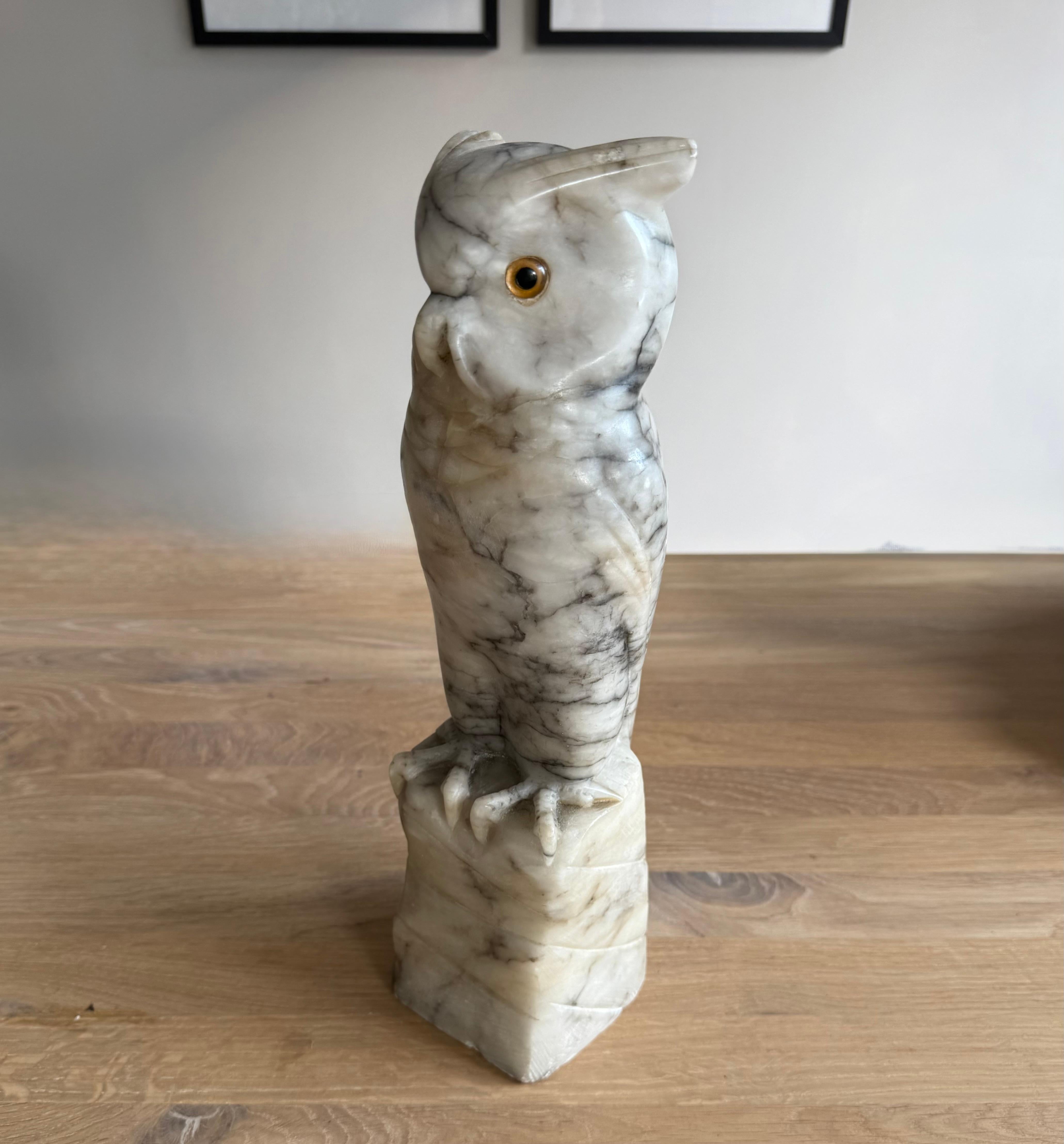 Arts & Crafts Era Italian Alabaster Owl with Glass Eyes, Hand-Carved, circa 1920 For Sale 5