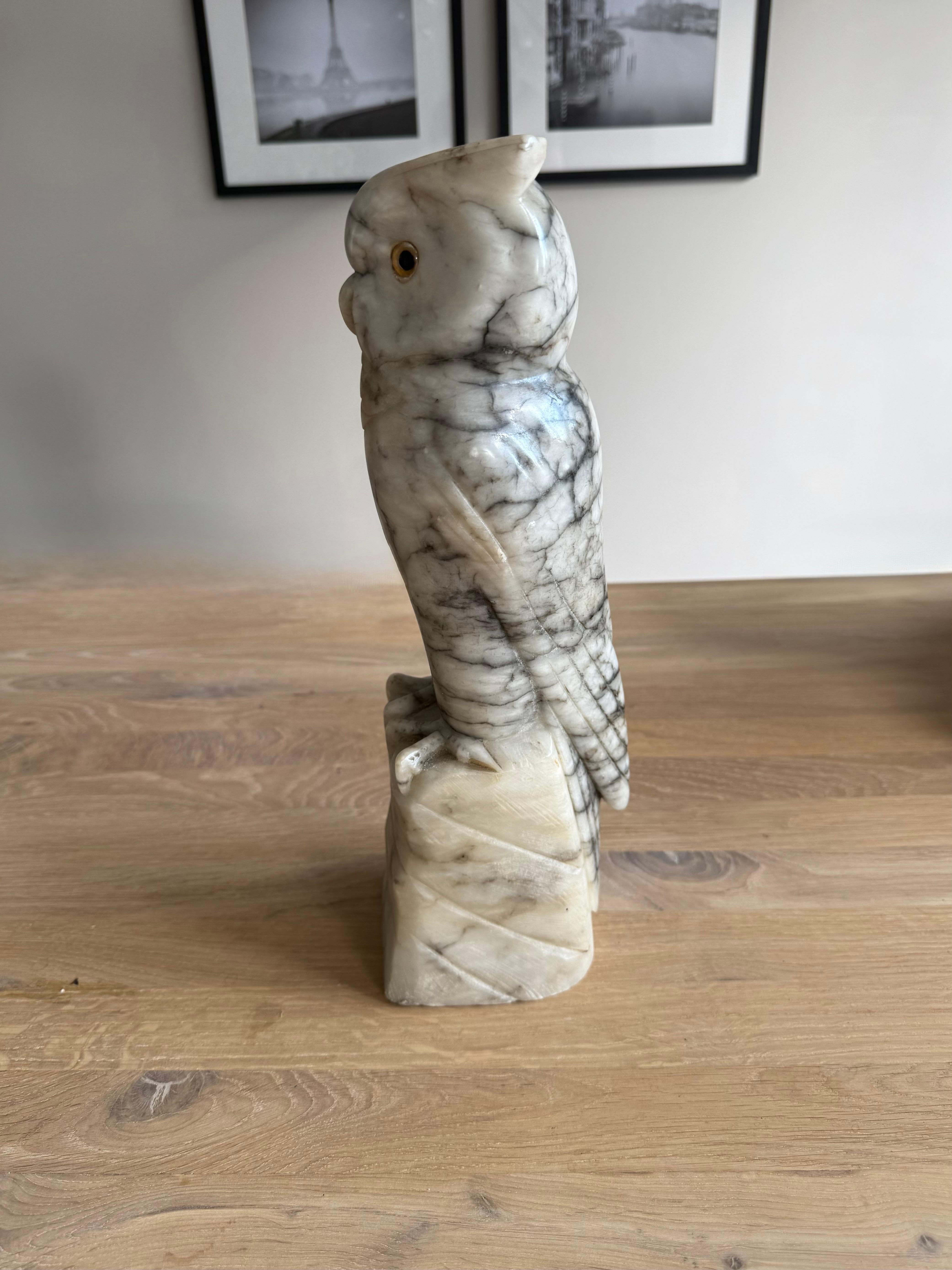 Arts & Crafts Era Italian Alabaster Owl with Glass Eyes, Hand-Carved, circa 1920 For Sale 6