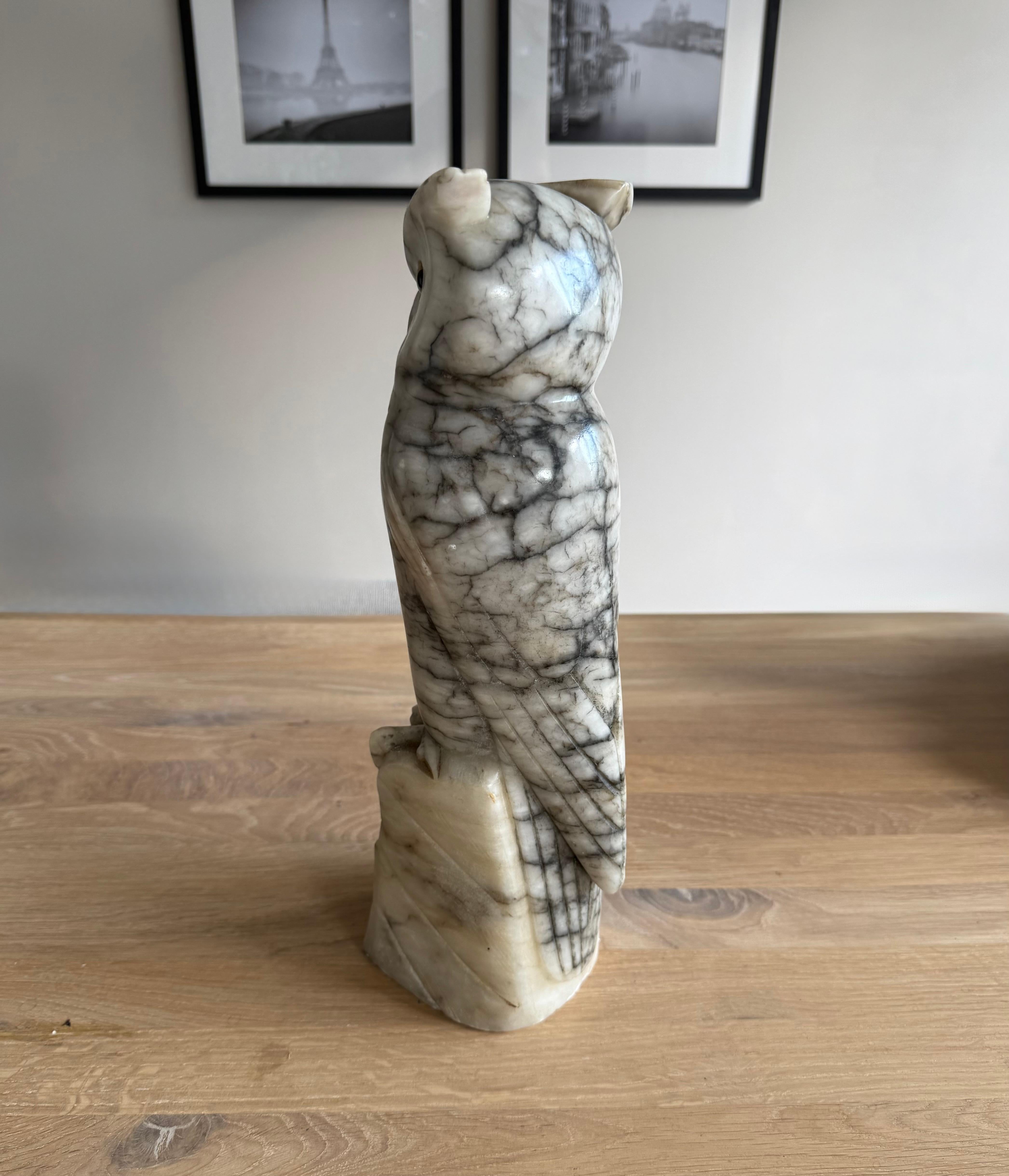 Arts & Crafts Era Italian Alabaster Owl with Glass Eyes, Hand-Carved, circa 1920 For Sale 7