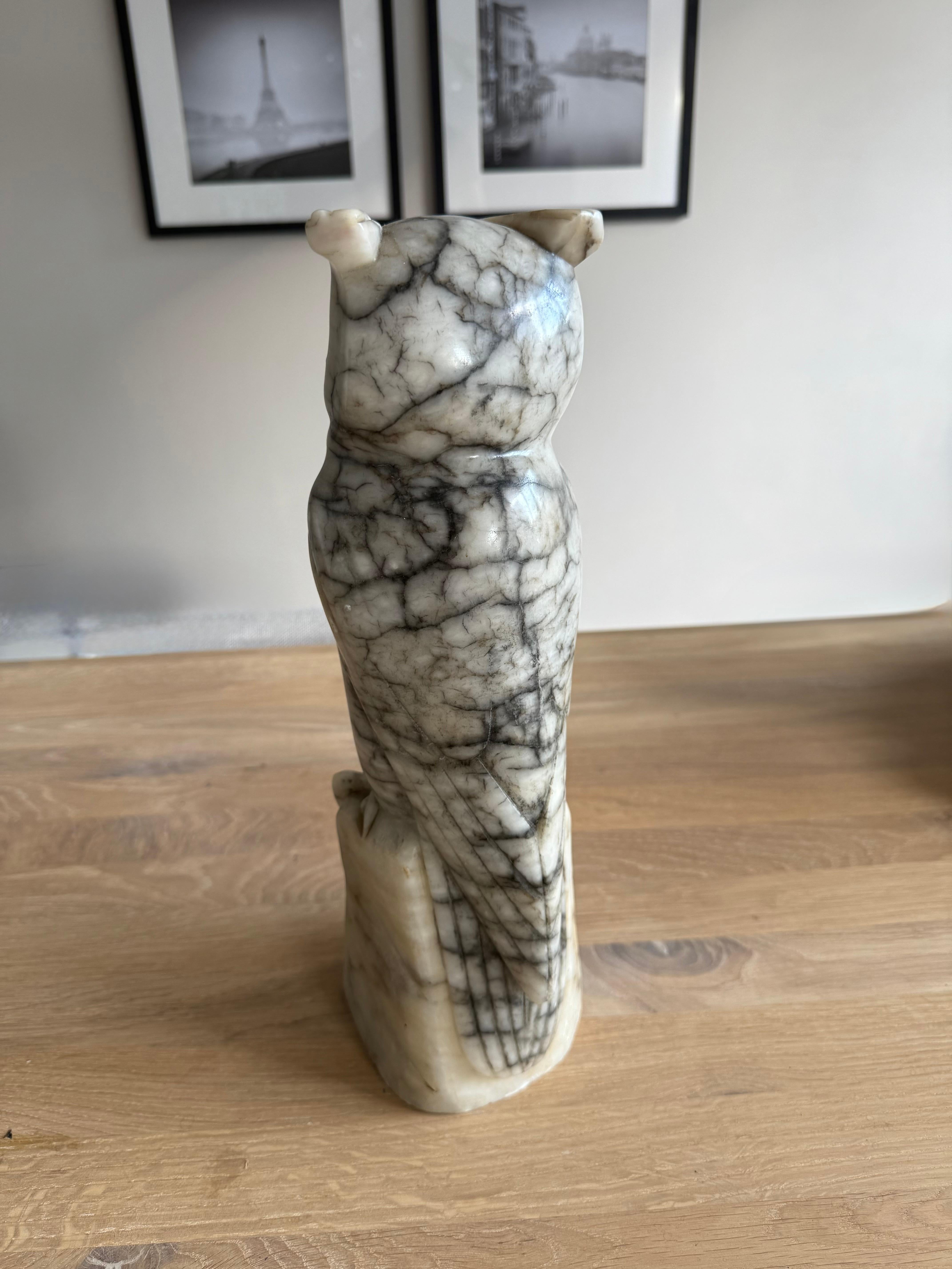 Arts & Crafts Era Italian Alabaster Owl with Glass Eyes, Hand-Carved, circa 1920 For Sale 9