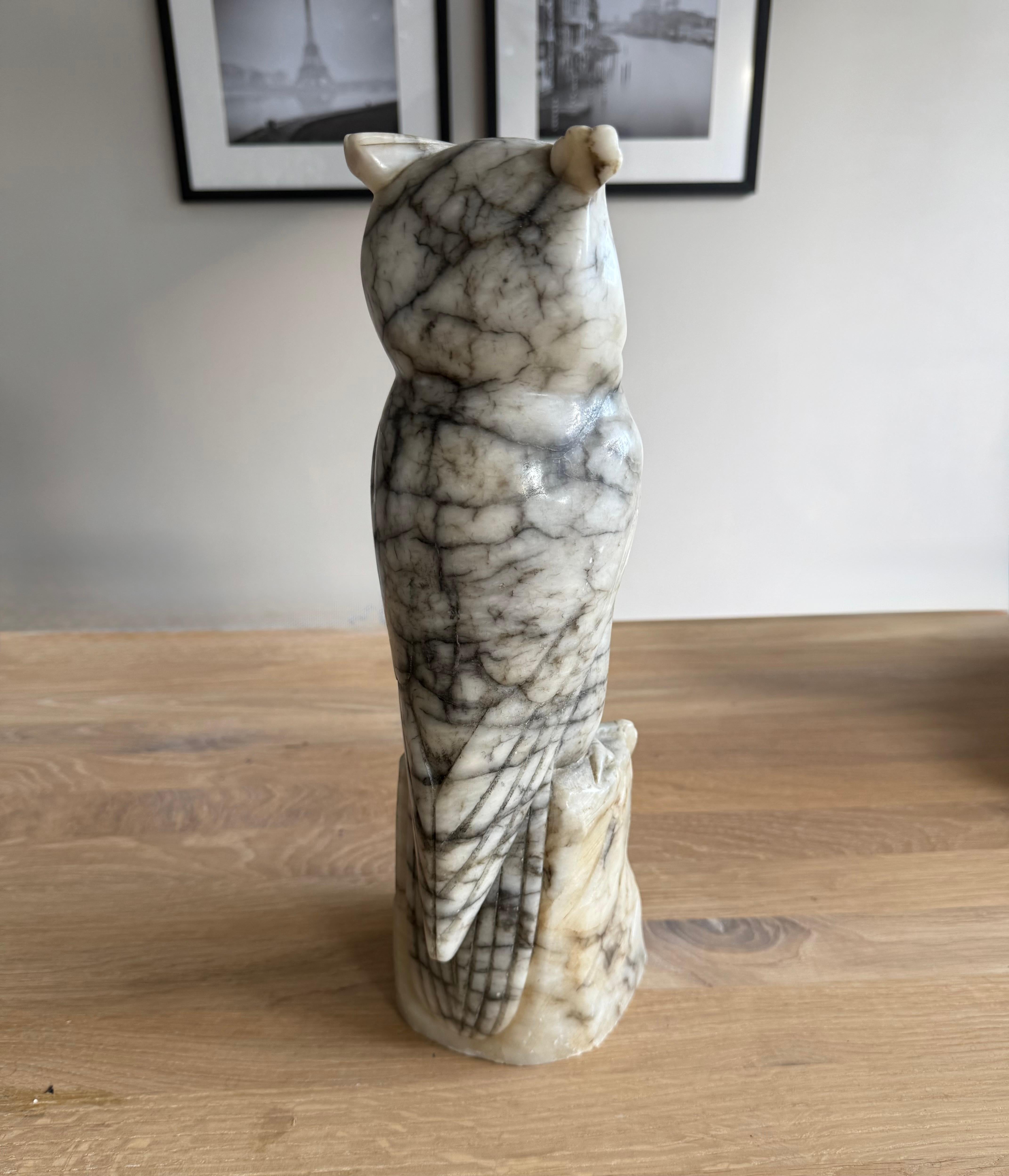 Arts & Crafts Era Italian Alabaster Owl with Glass Eyes, Hand-Carved, circa 1920 For Sale 10