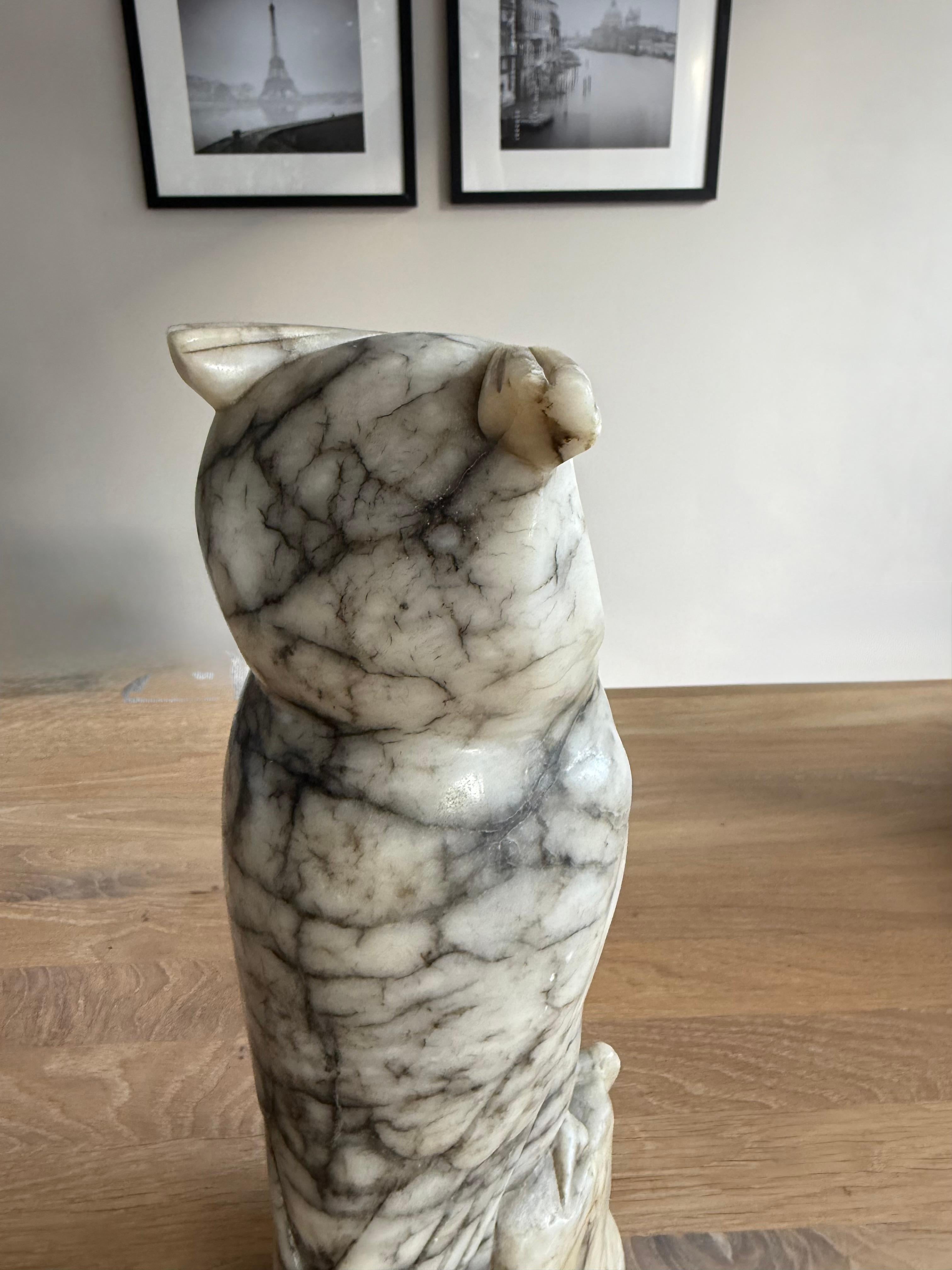 Arts & Crafts Era Italian Alabaster Owl with Glass Eyes, Hand-Carved, circa 1920 For Sale 11
