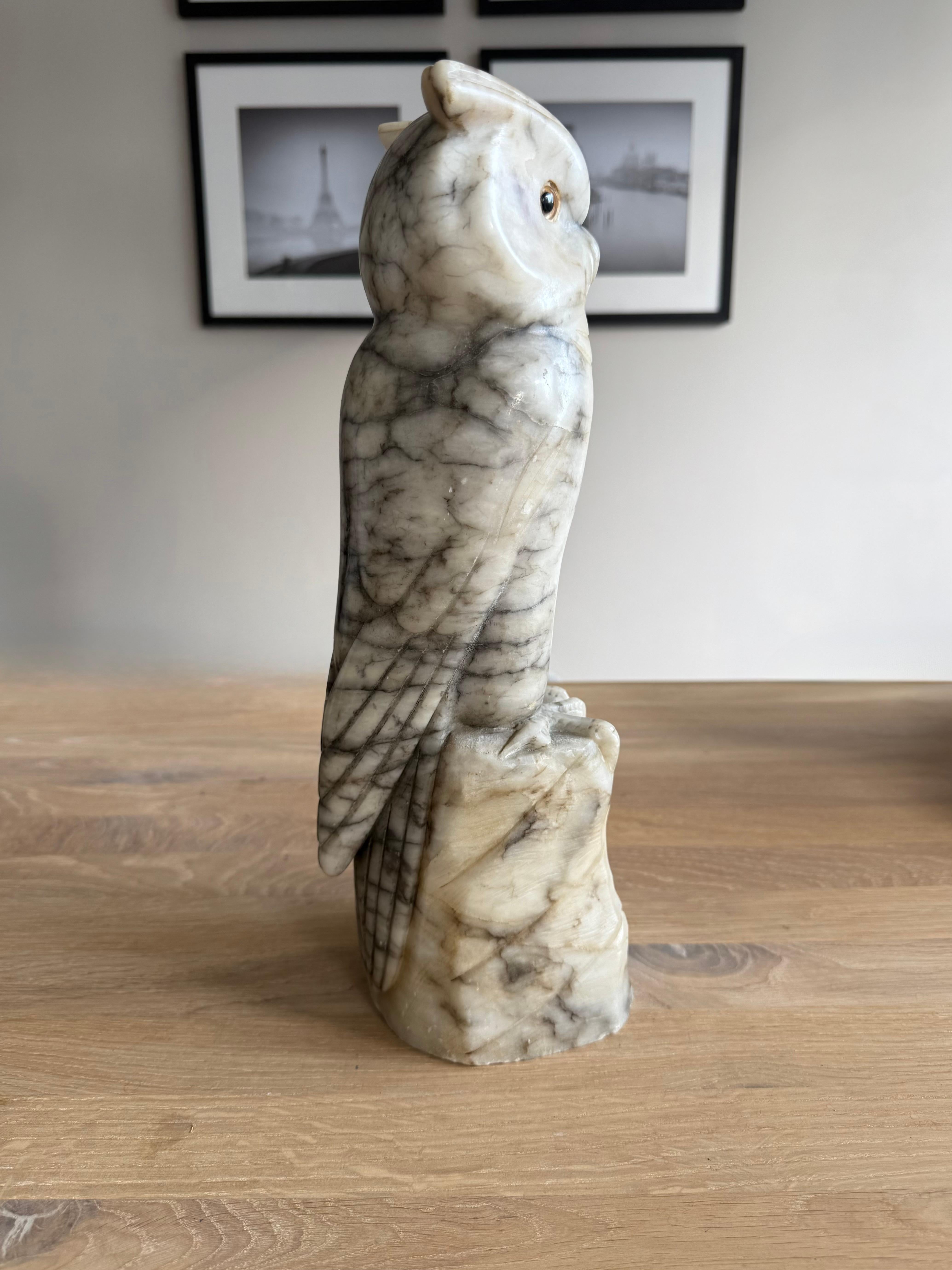 Arts & Crafts Era Italian Alabaster Owl with Glass Eyes, Hand-Carved, circa 1920 For Sale 12