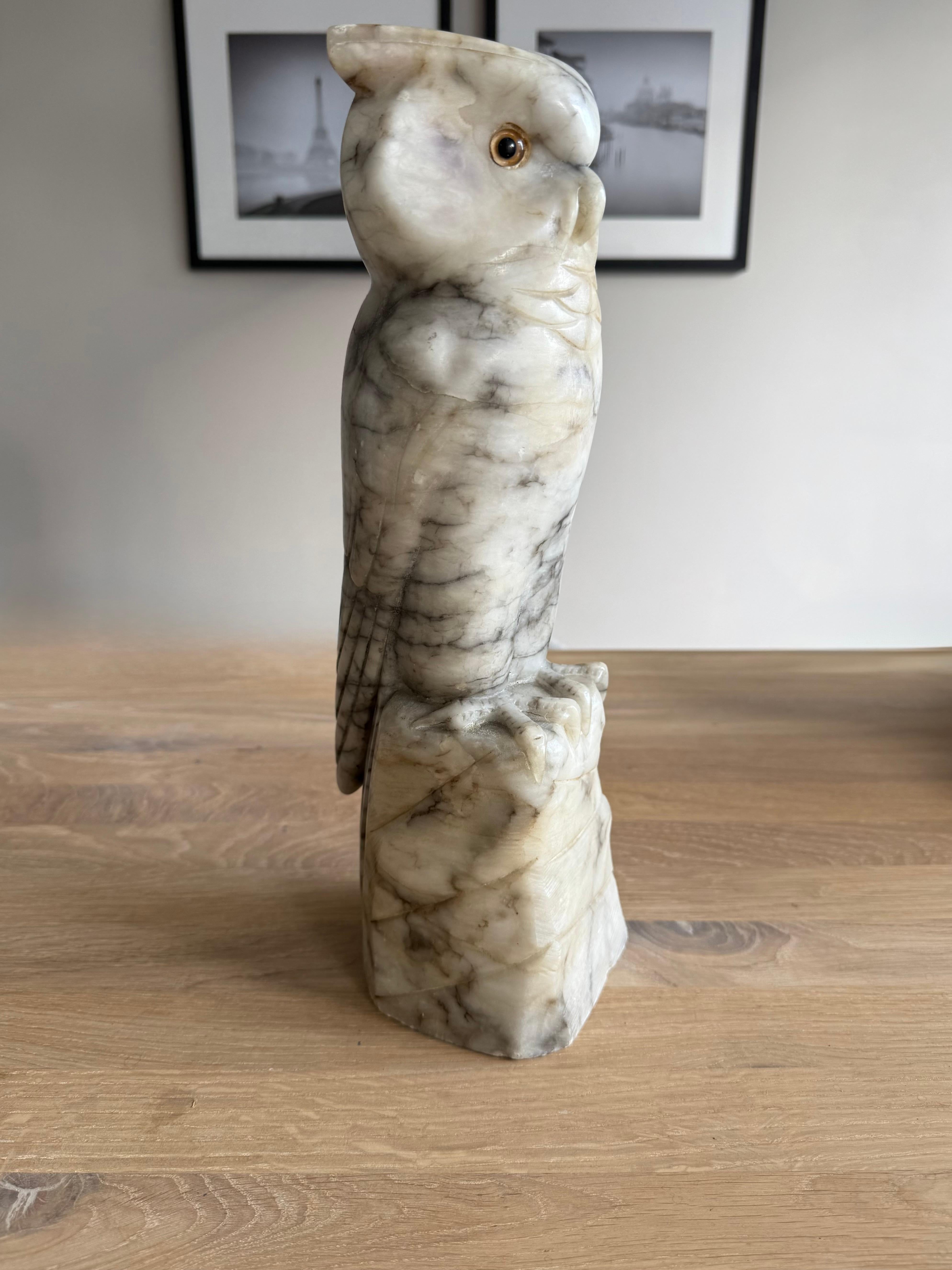Arts & Crafts Era Italian Alabaster Owl with Glass Eyes, Hand-Carved, circa 1920 For Sale 13