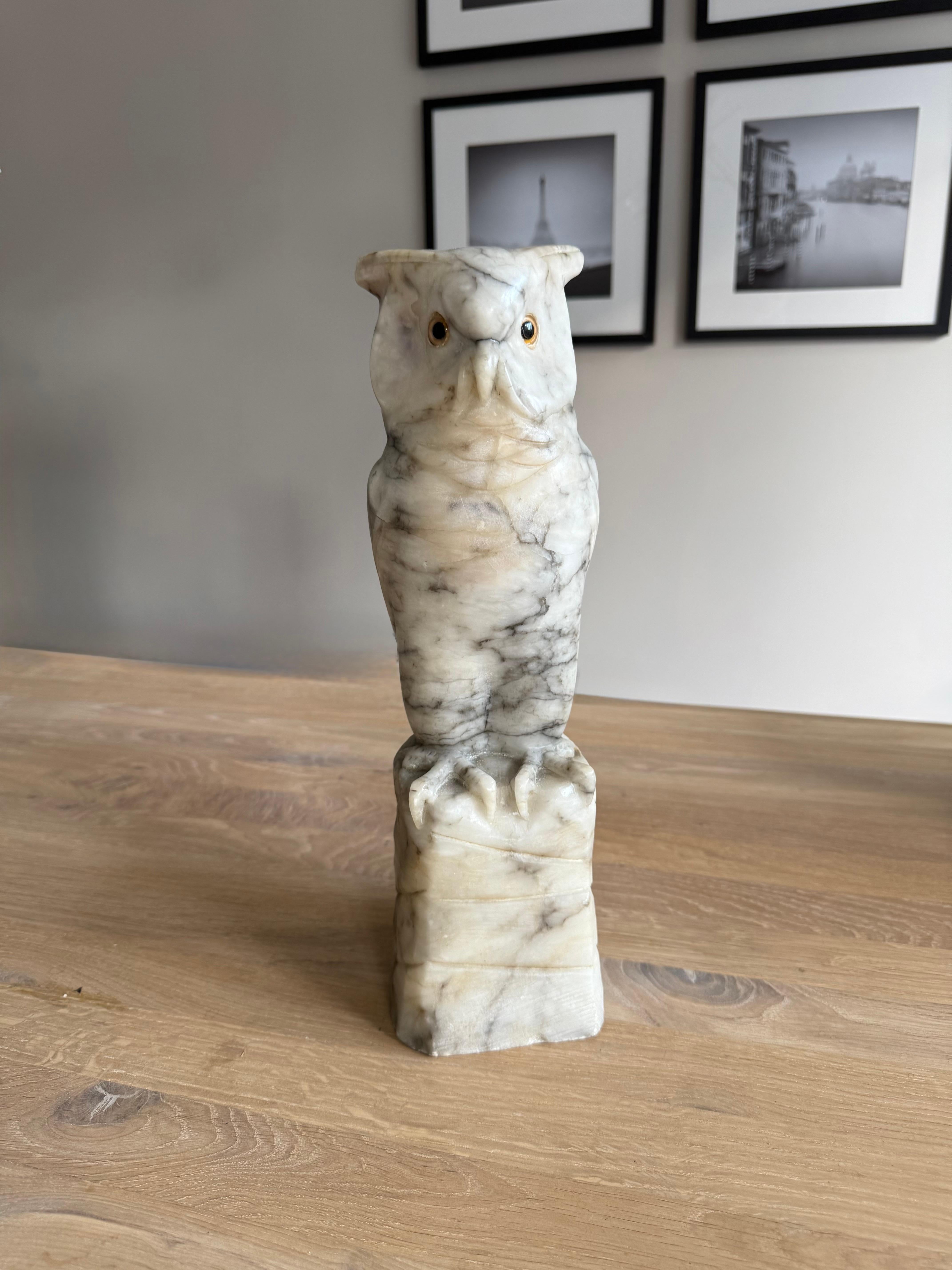 Arts & Crafts Era Italian Alabaster Owl with Glass Eyes, Hand-Carved, circa 1920 For Sale 15