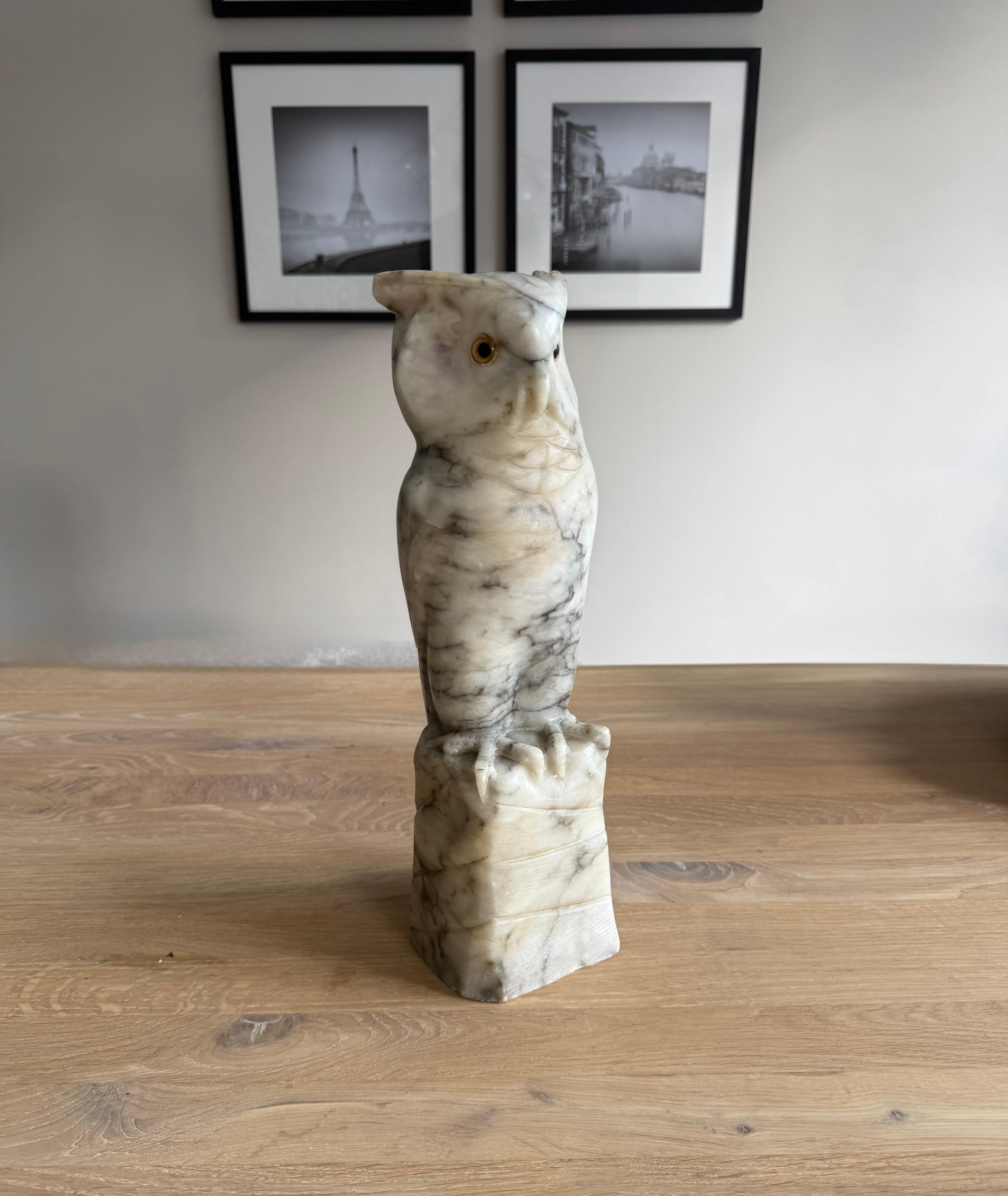 Arts and Crafts Arts & Crafts Era Italian Alabaster Owl with Glass Eyes, Hand-Carved, circa 1920 For Sale
