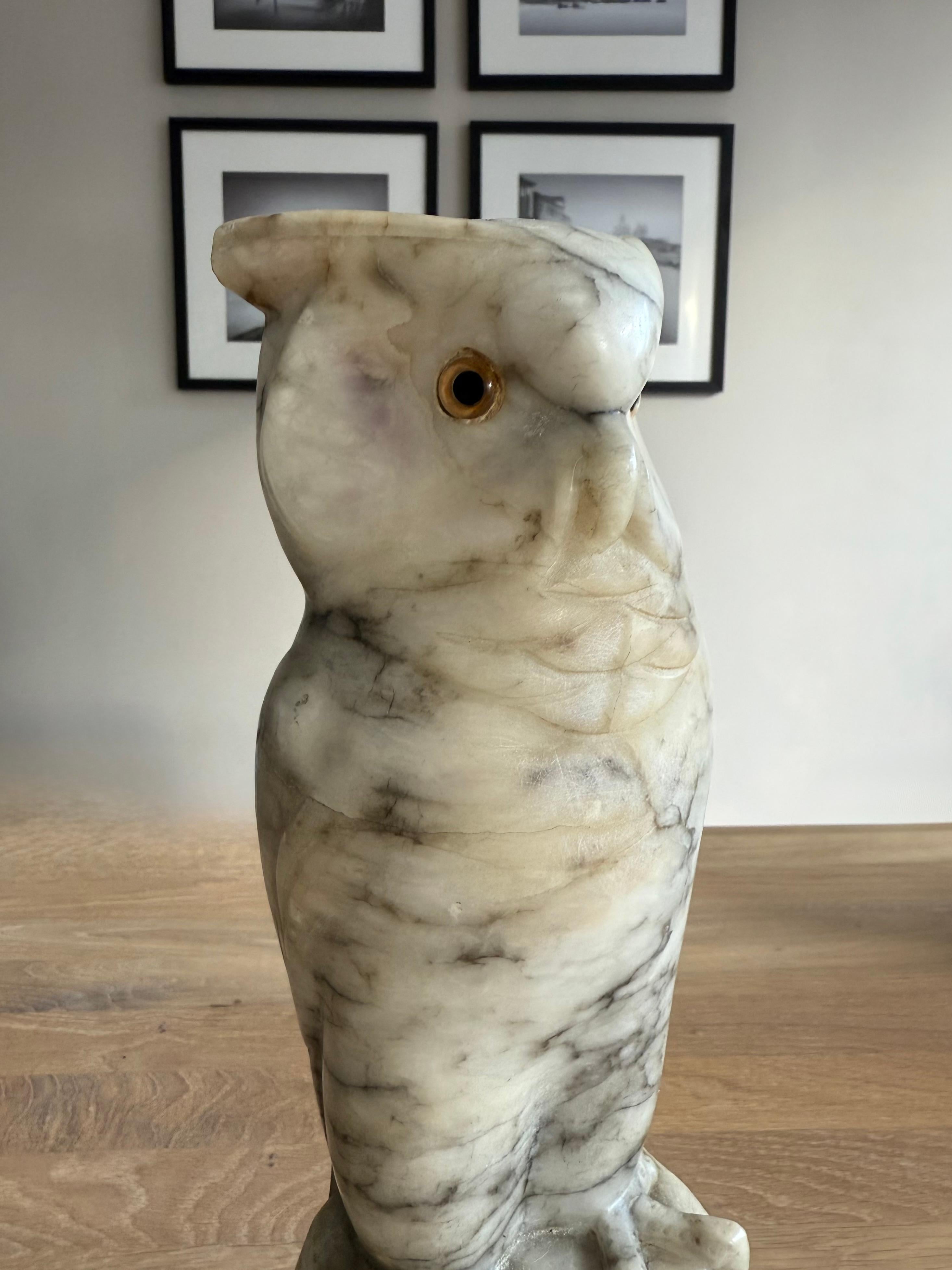 20th Century Arts & Crafts Era Italian Alabaster Owl with Glass Eyes, Hand-Carved, circa 1920 For Sale