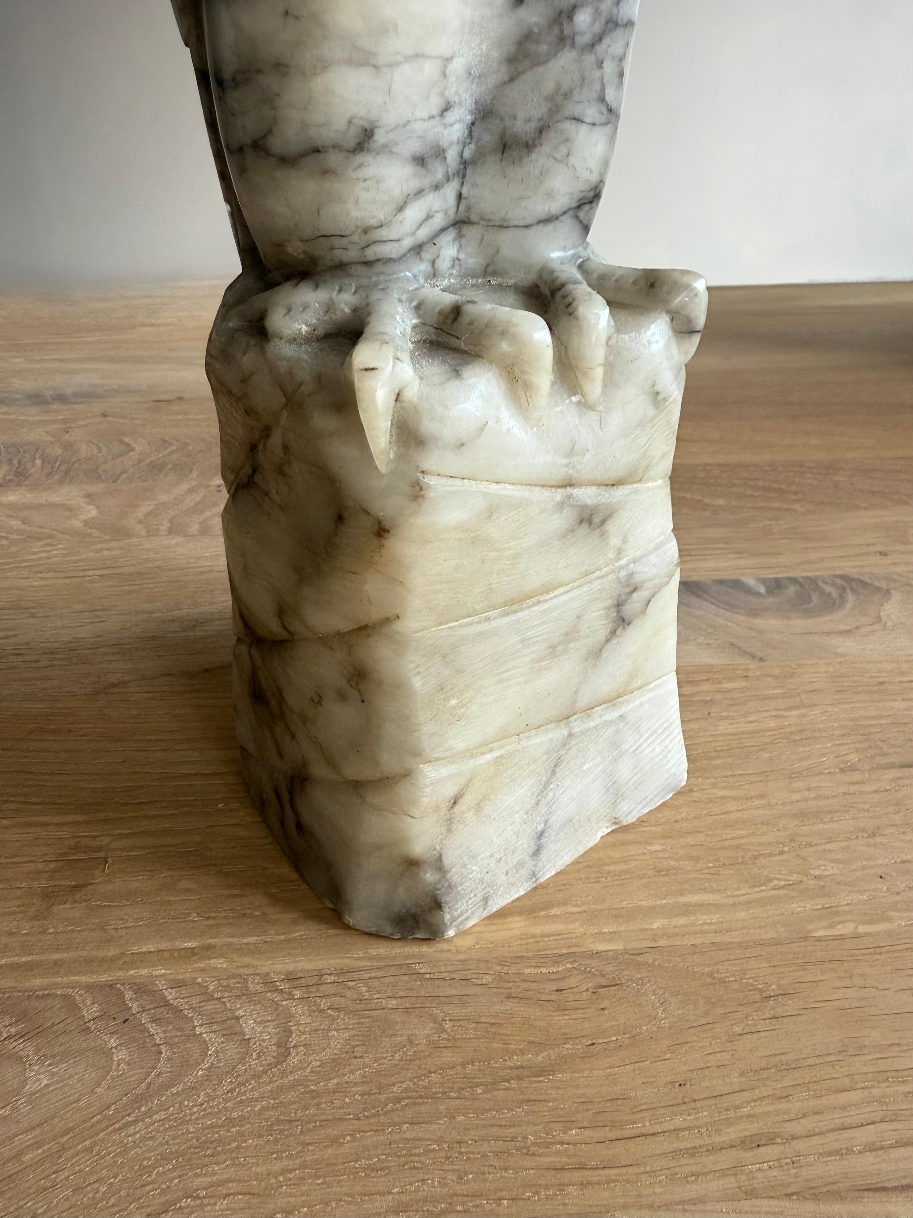 Arts & Crafts Era Italian Alabaster Owl with Glass Eyes, Hand-Carved, circa 1920 For Sale 1