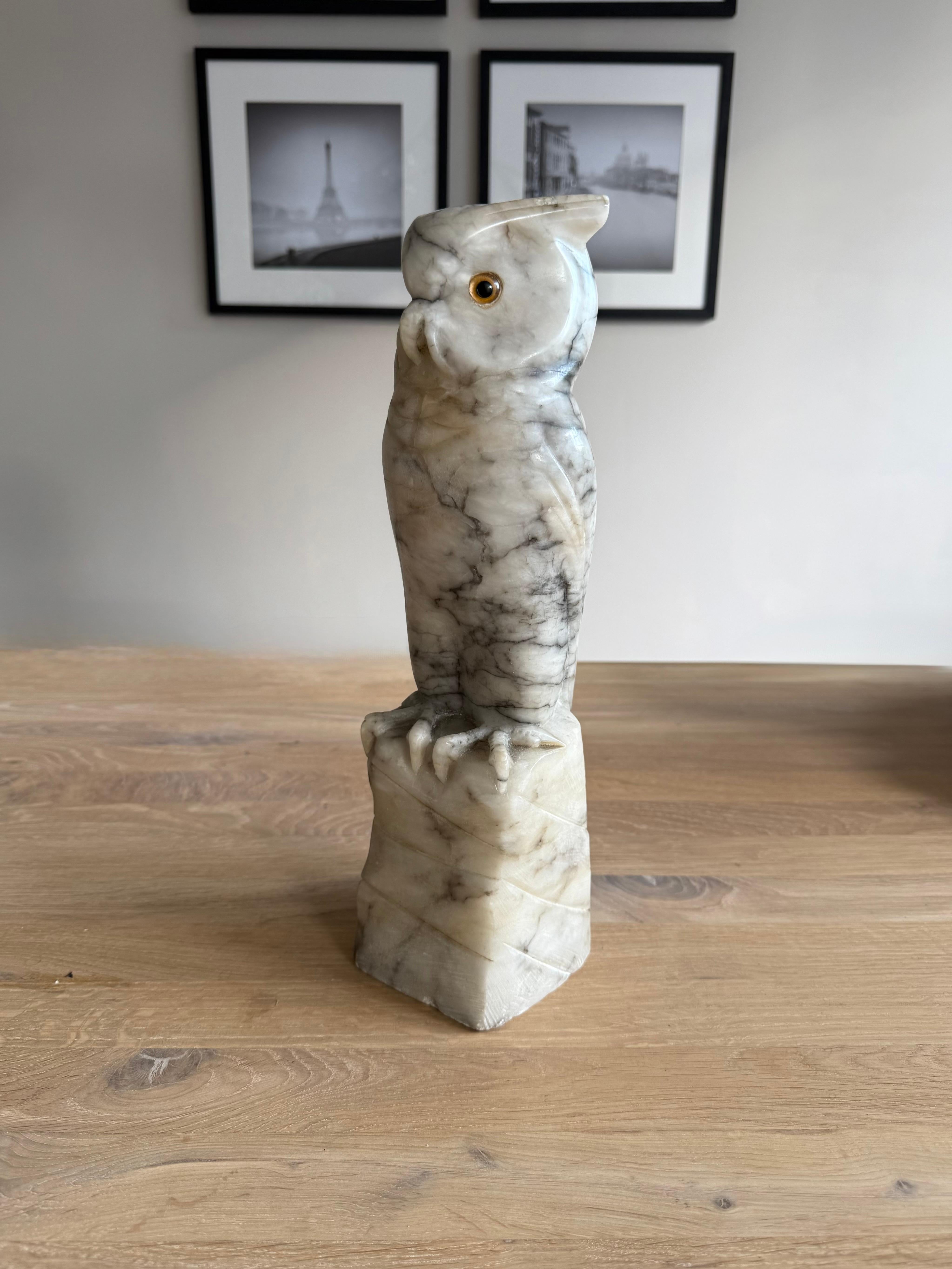 Arts & Crafts Era Italian Alabaster Owl with Glass Eyes, Hand-Carved, circa 1920 For Sale 4