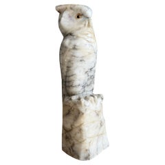 Arts & Crafts Era Italian Alabaster Owl with Glass Eyes, Hand-Carved, circa 1920