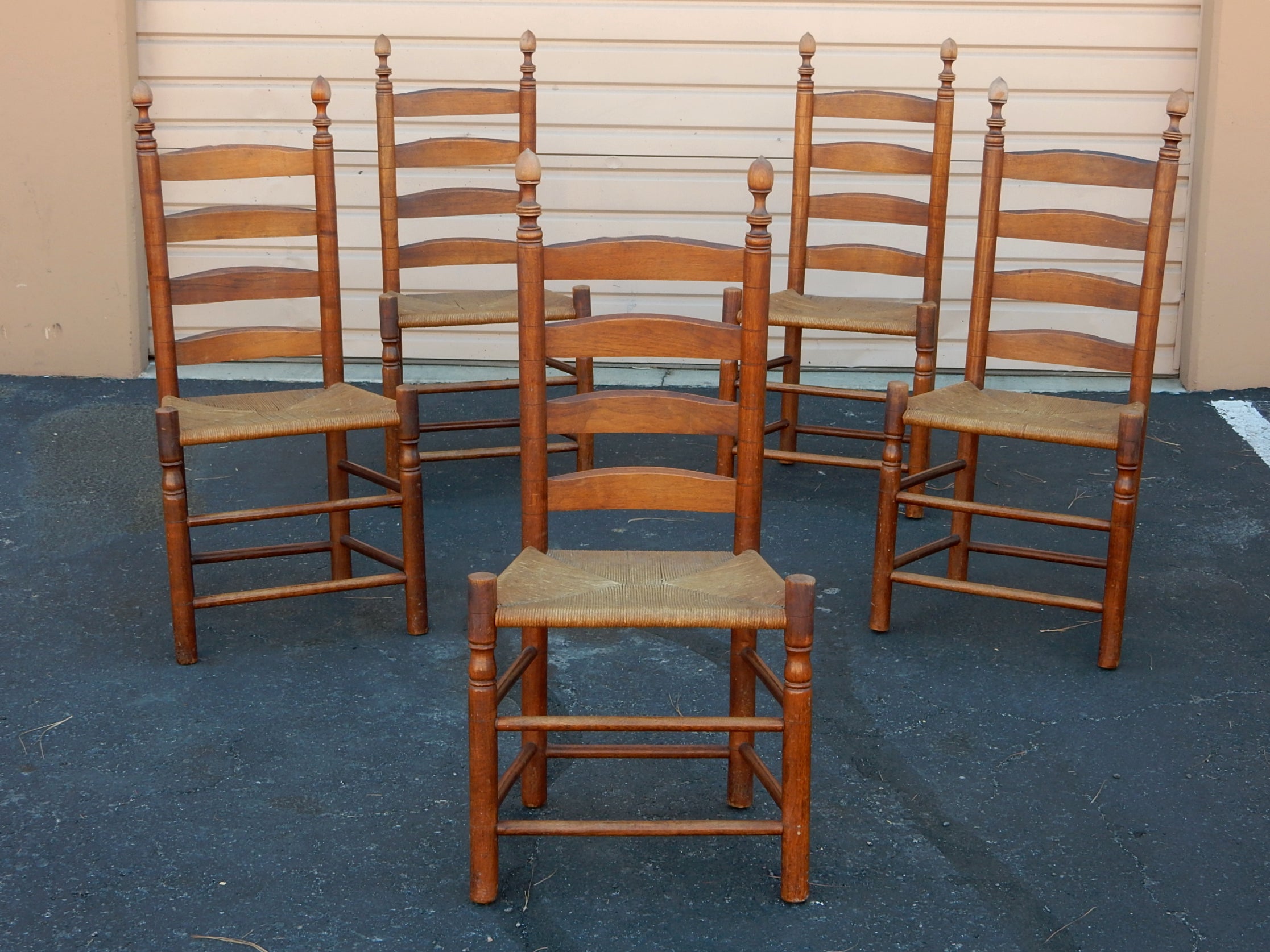 Arts & Crafts Era Ladderback Rush Dining Chairs 5 7