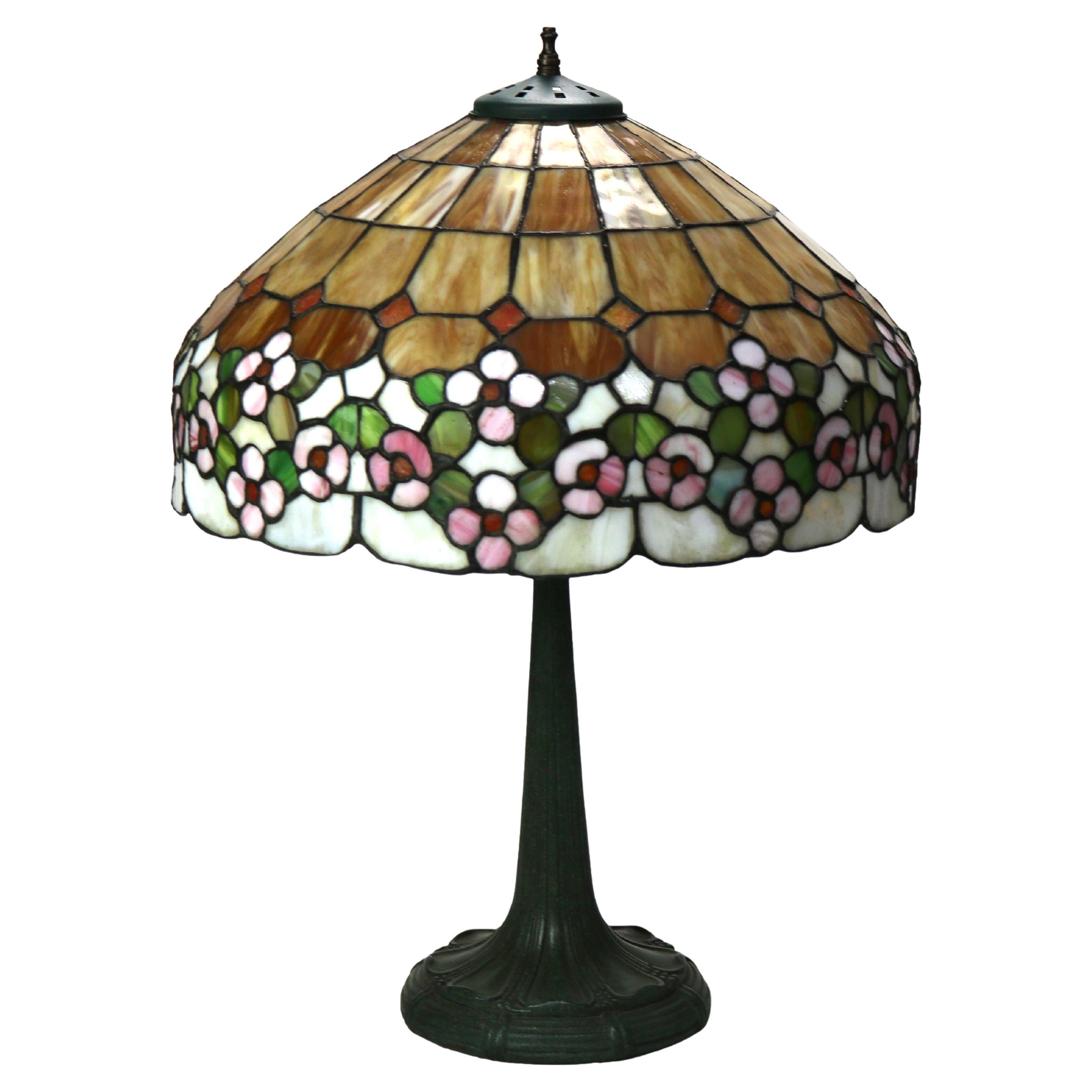 Arts
Crafts Era Leaded Slag Glass Table Lamp with Floral Shade C1920