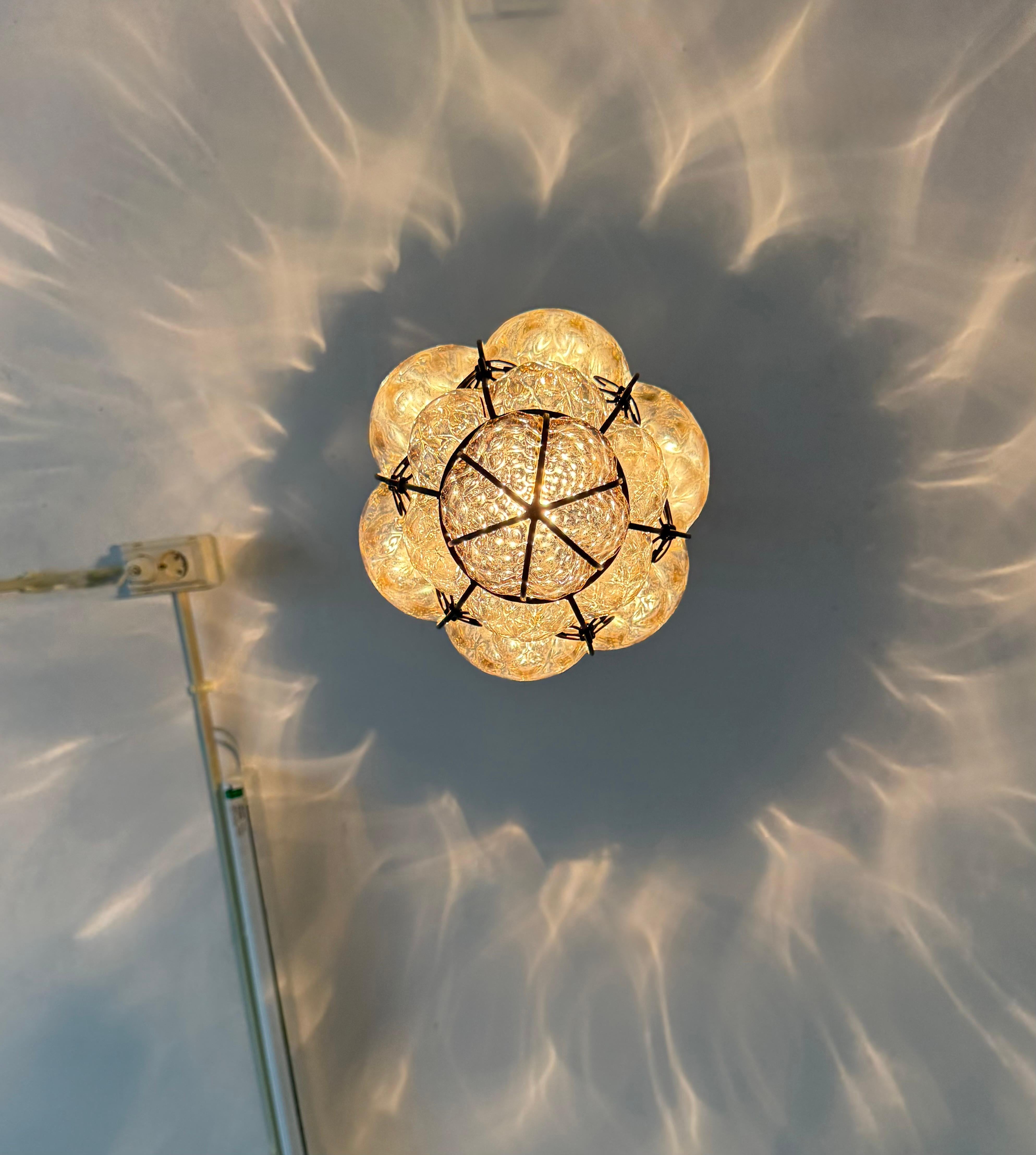 Arts & Crafts Era Venetian Pendant Light of Mouthblown Glass into an Iron Frame For Sale 3