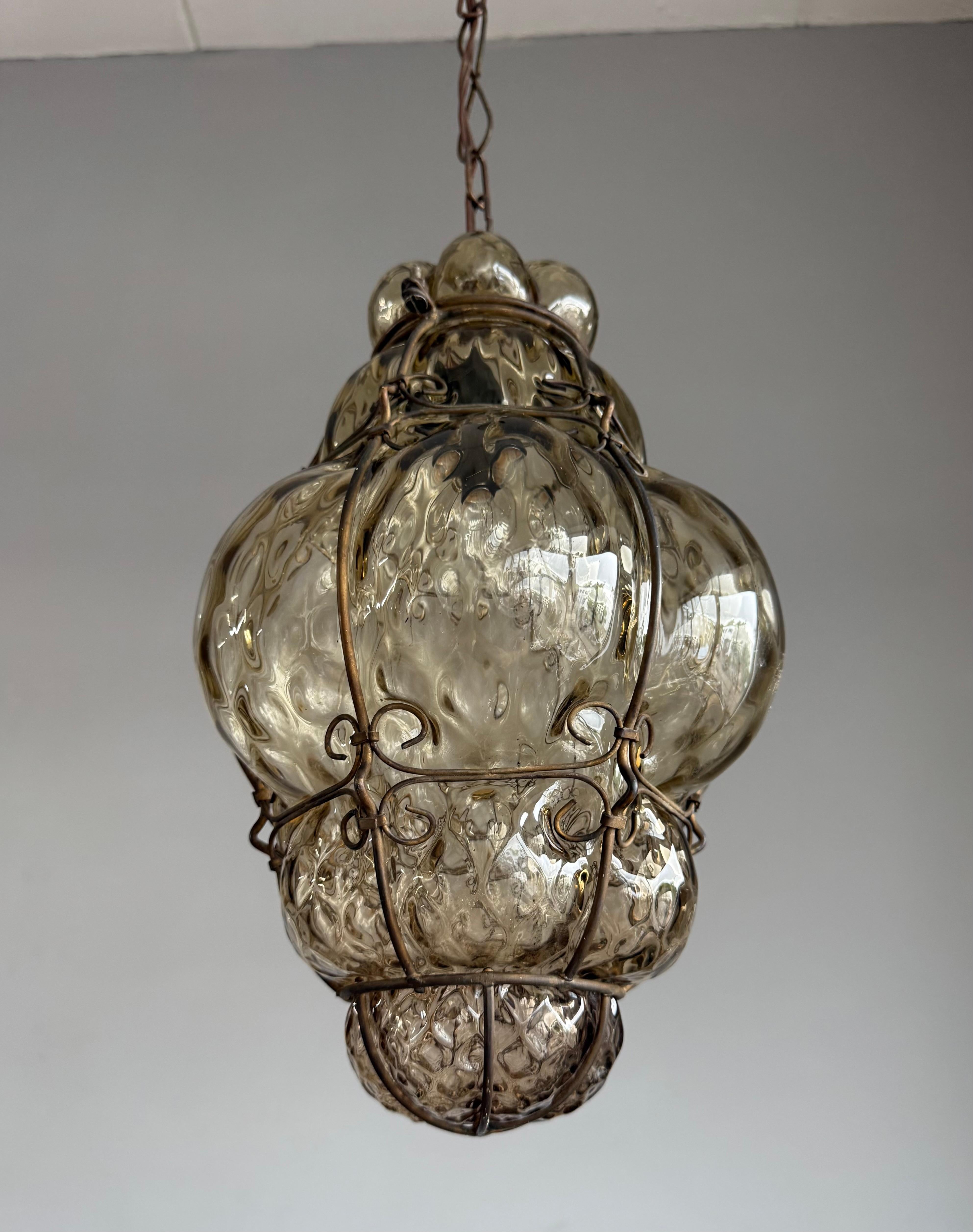Arts & Crafts Era Venetian Pendant Light of Mouthblown Glass into an Iron Frame For Sale 4