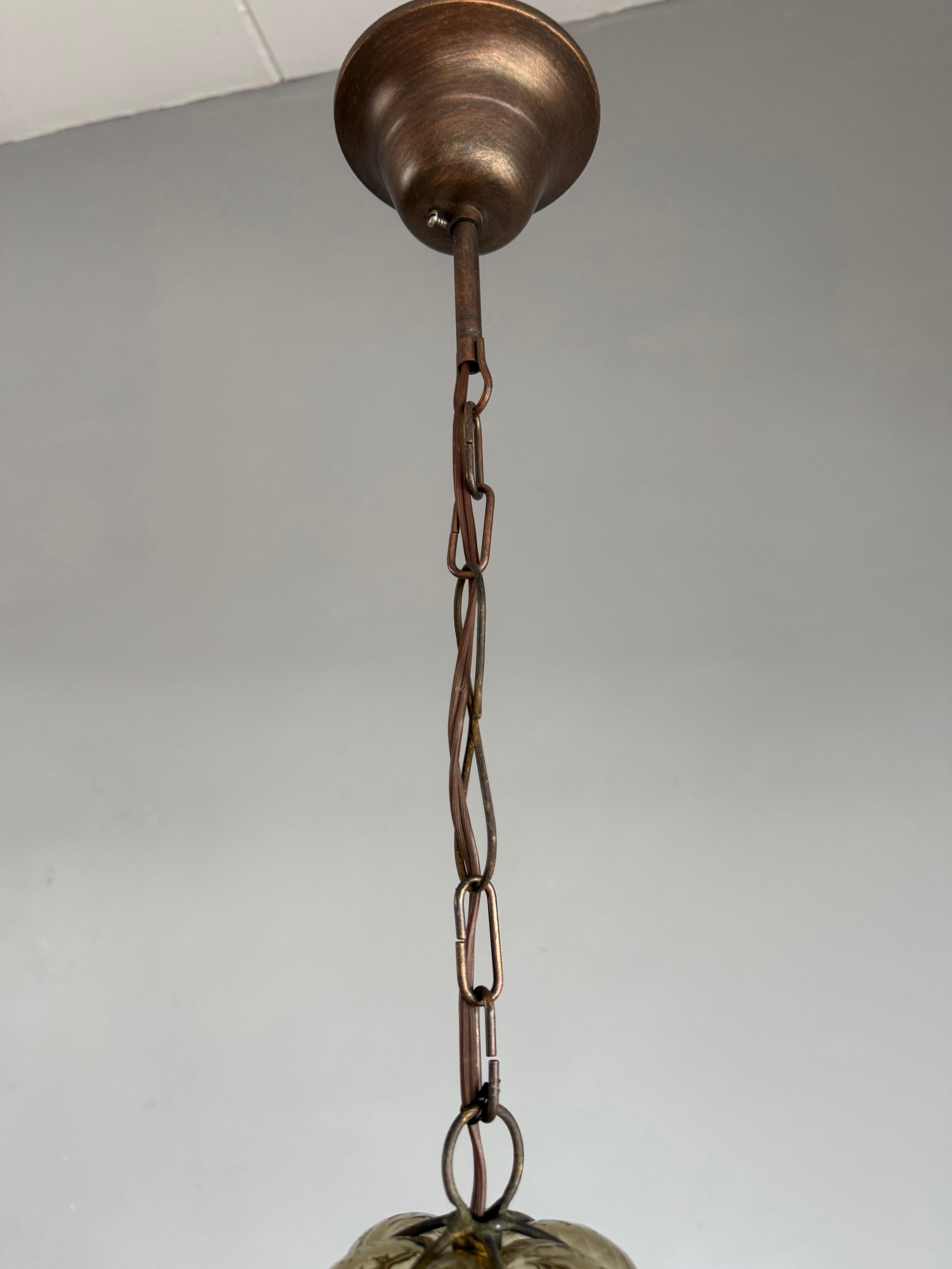 Arts & Crafts Era Venetian Pendant Light of Mouthblown Glass into an Iron Frame For Sale 5