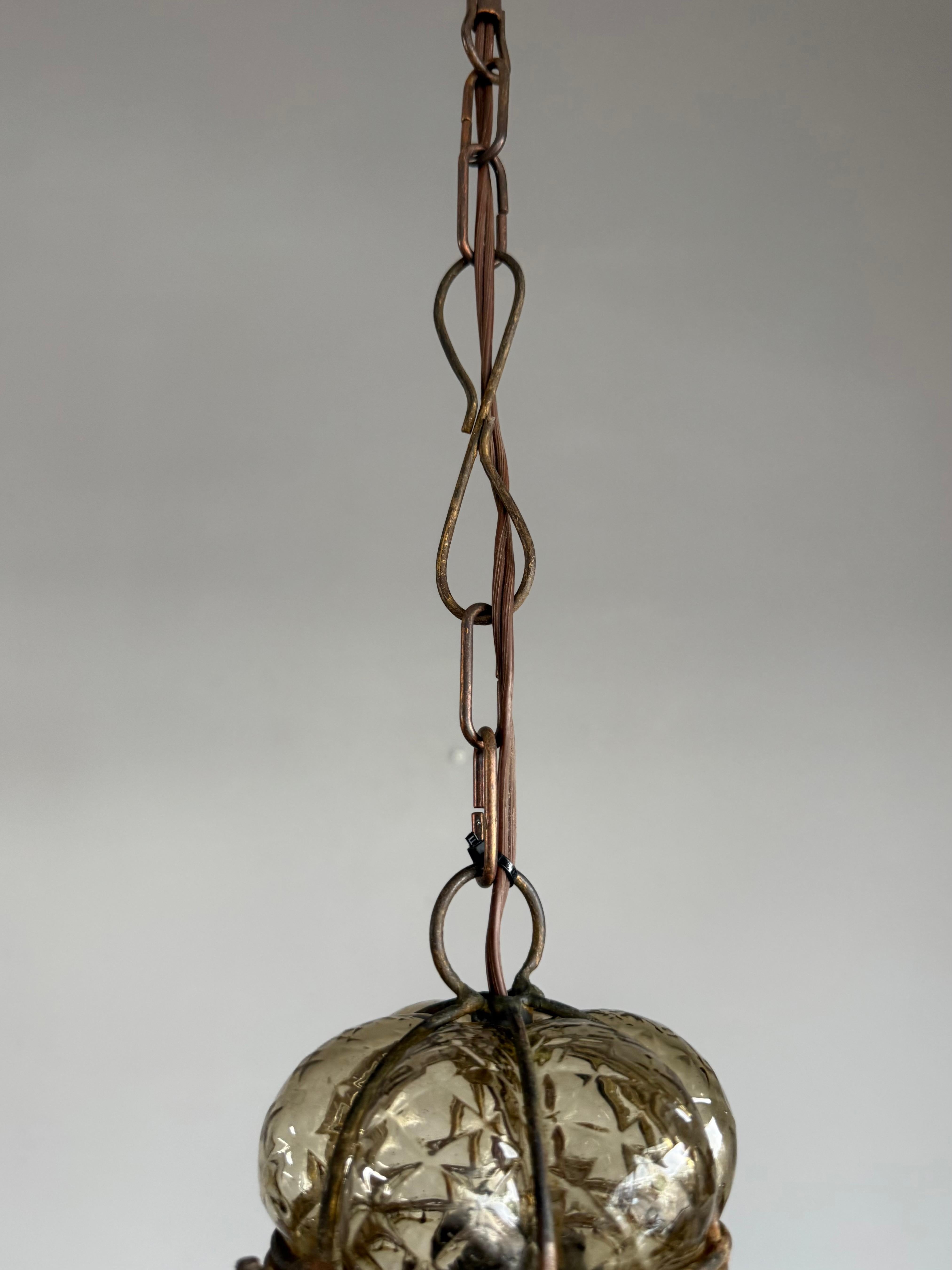 Arts & Crafts Era Venetian Pendant Light of Mouthblown Glass into an Iron Frame For Sale 6