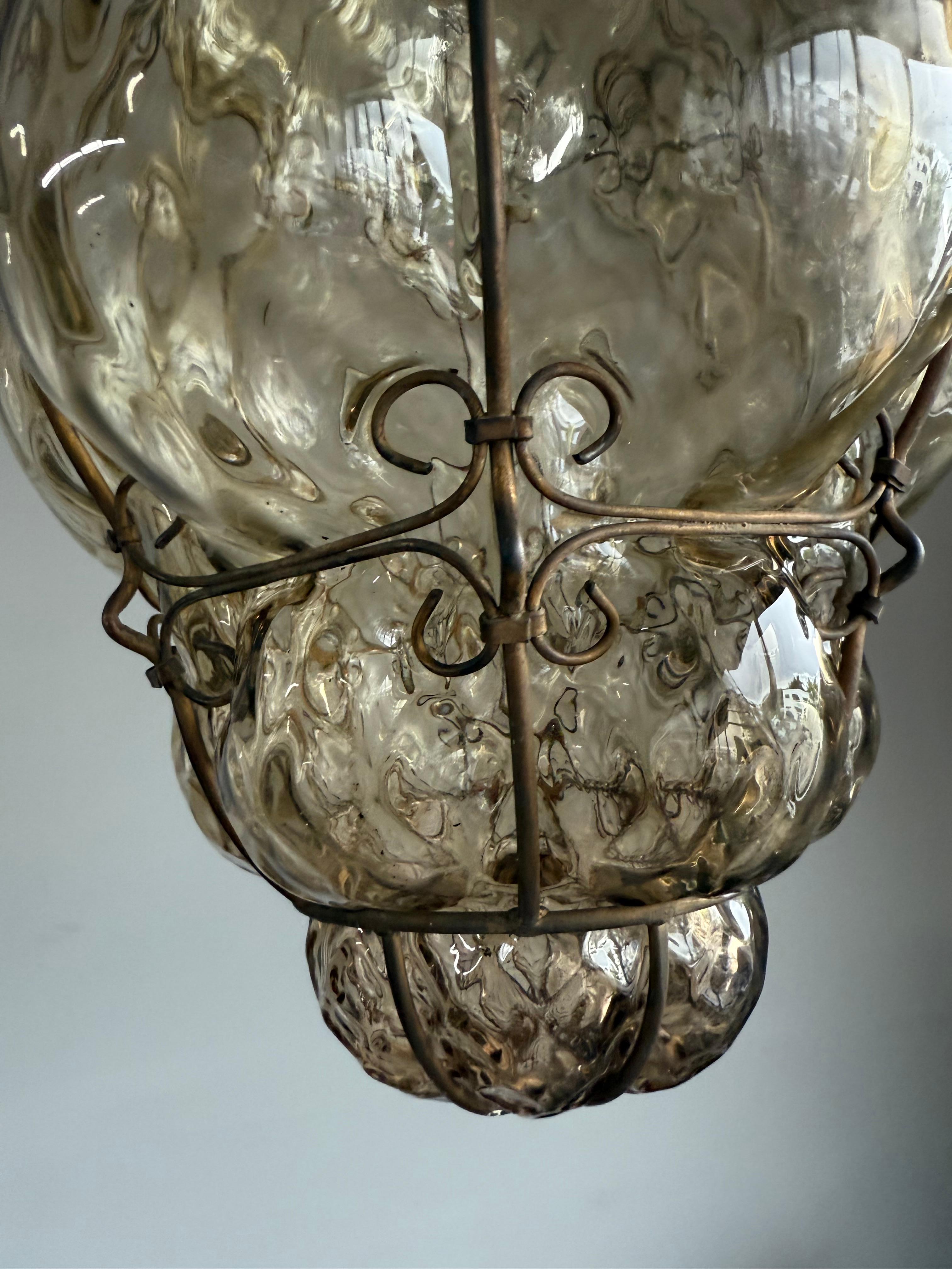 Arts & Crafts Era Venetian Pendant Light of Mouthblown Glass into an Iron Frame For Sale 7