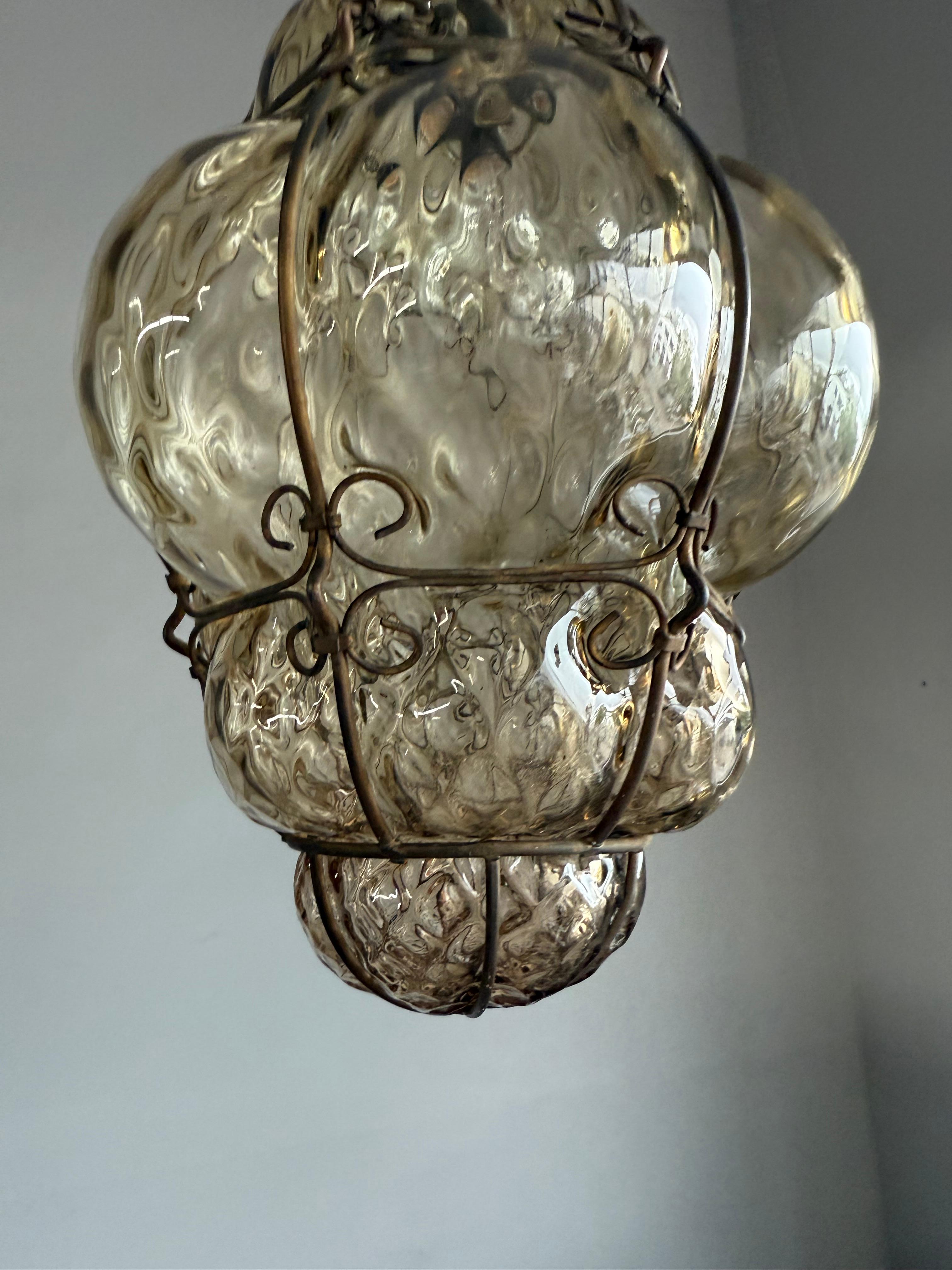 Arts & Crafts Era Venetian Pendant Light of Mouthblown Glass into an Iron Frame For Sale 8