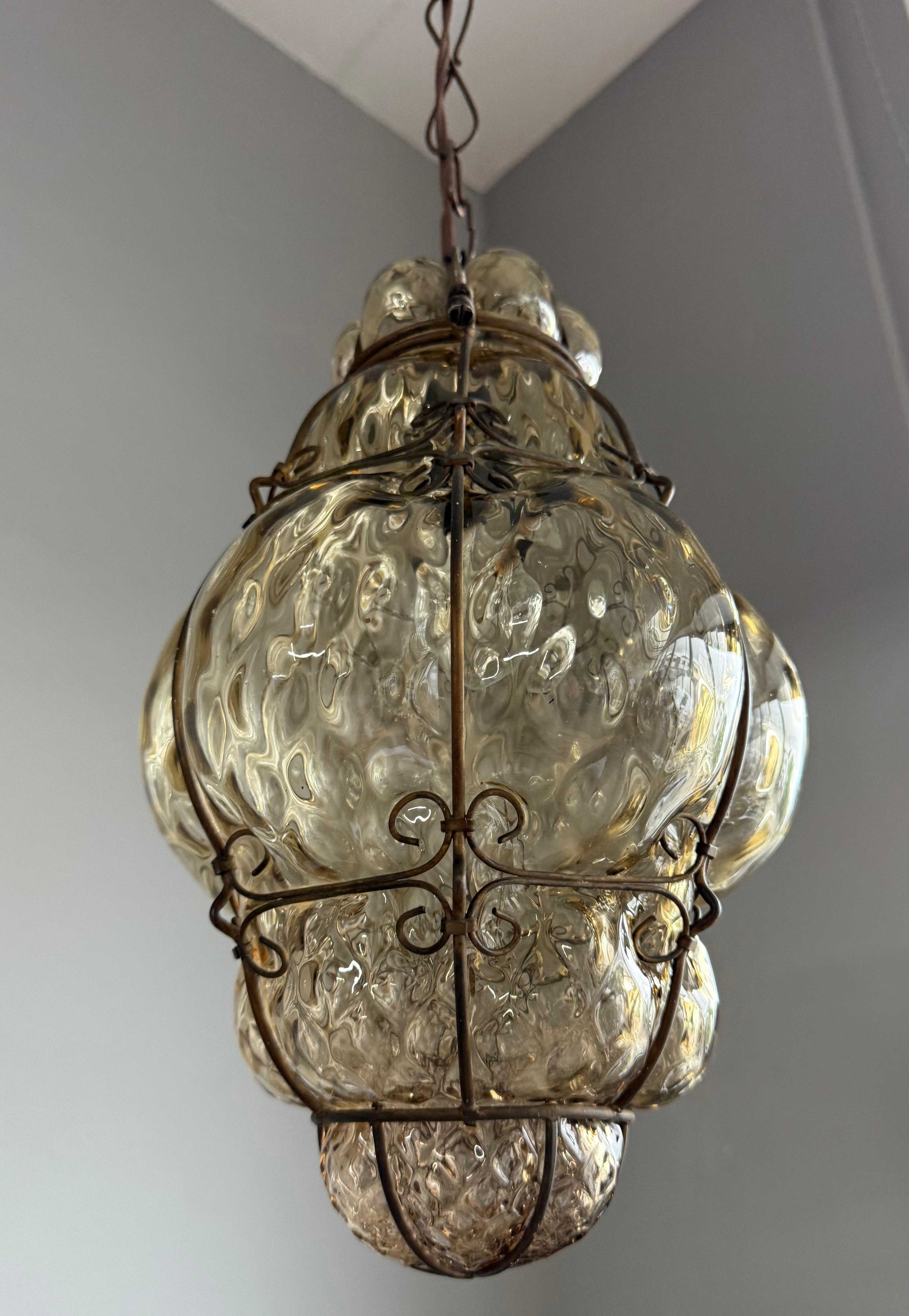 Arts & Crafts Era Venetian Pendant Light of Mouthblown Glass into an Iron Frame For Sale 9