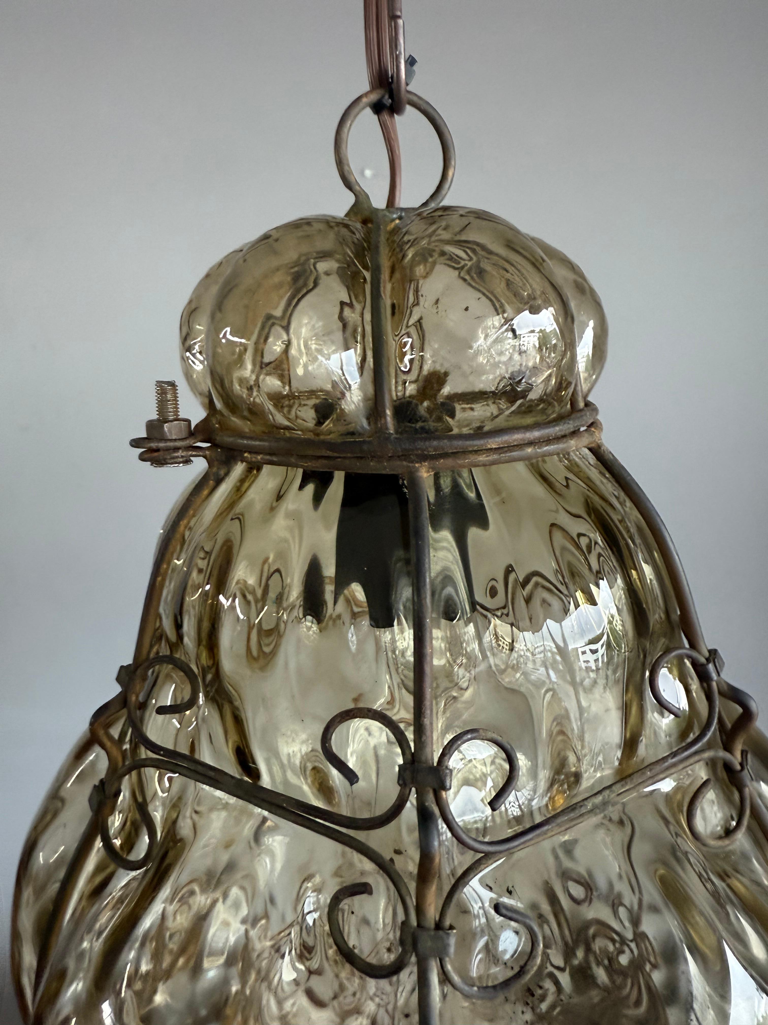 Arts & Crafts Era Venetian Pendant Light of Mouthblown Glass into an Iron Frame For Sale 10