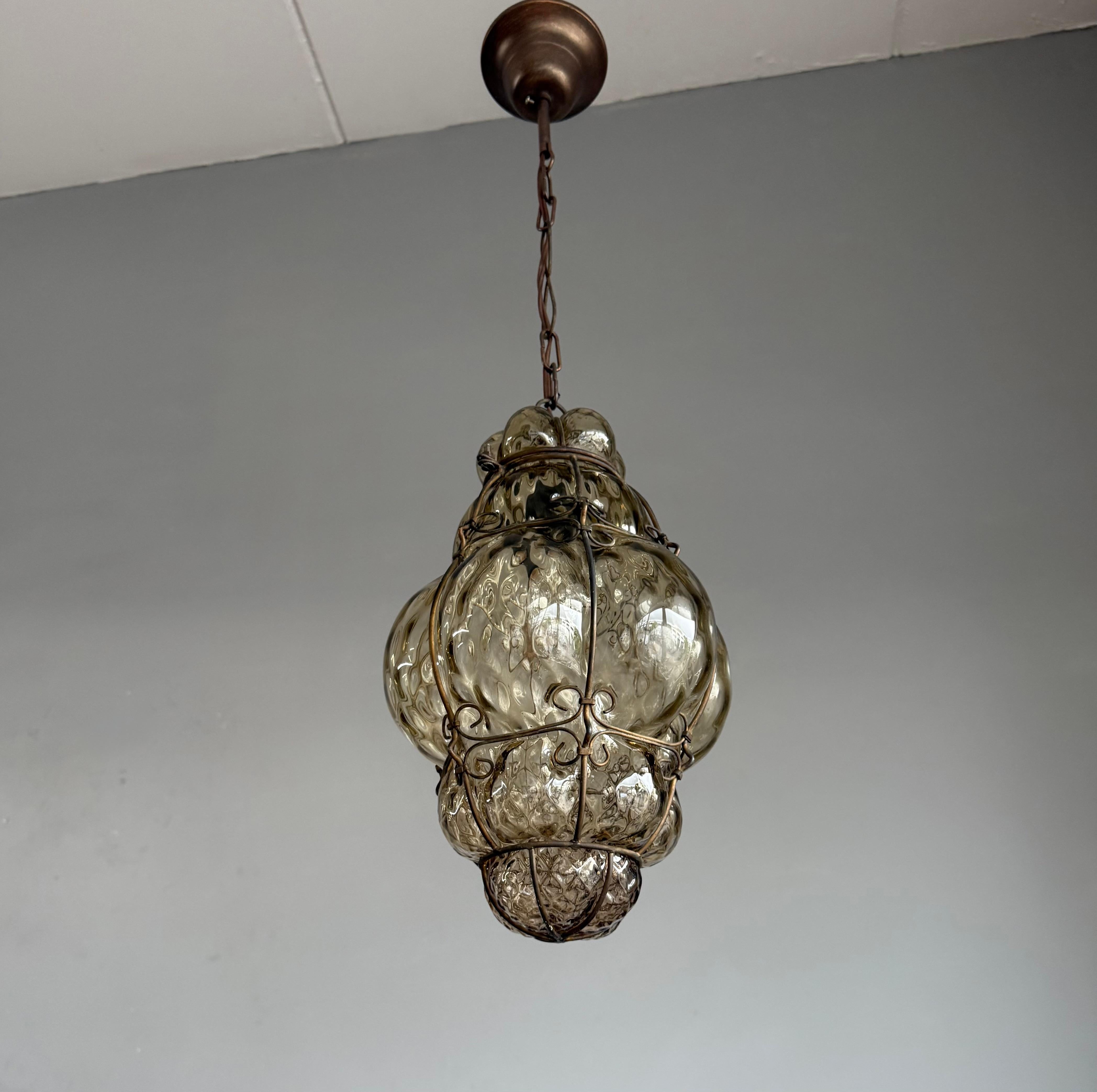 Arts & Crafts Era Venetian Pendant Light of Mouthblown Glass into an Iron Frame For Sale 11