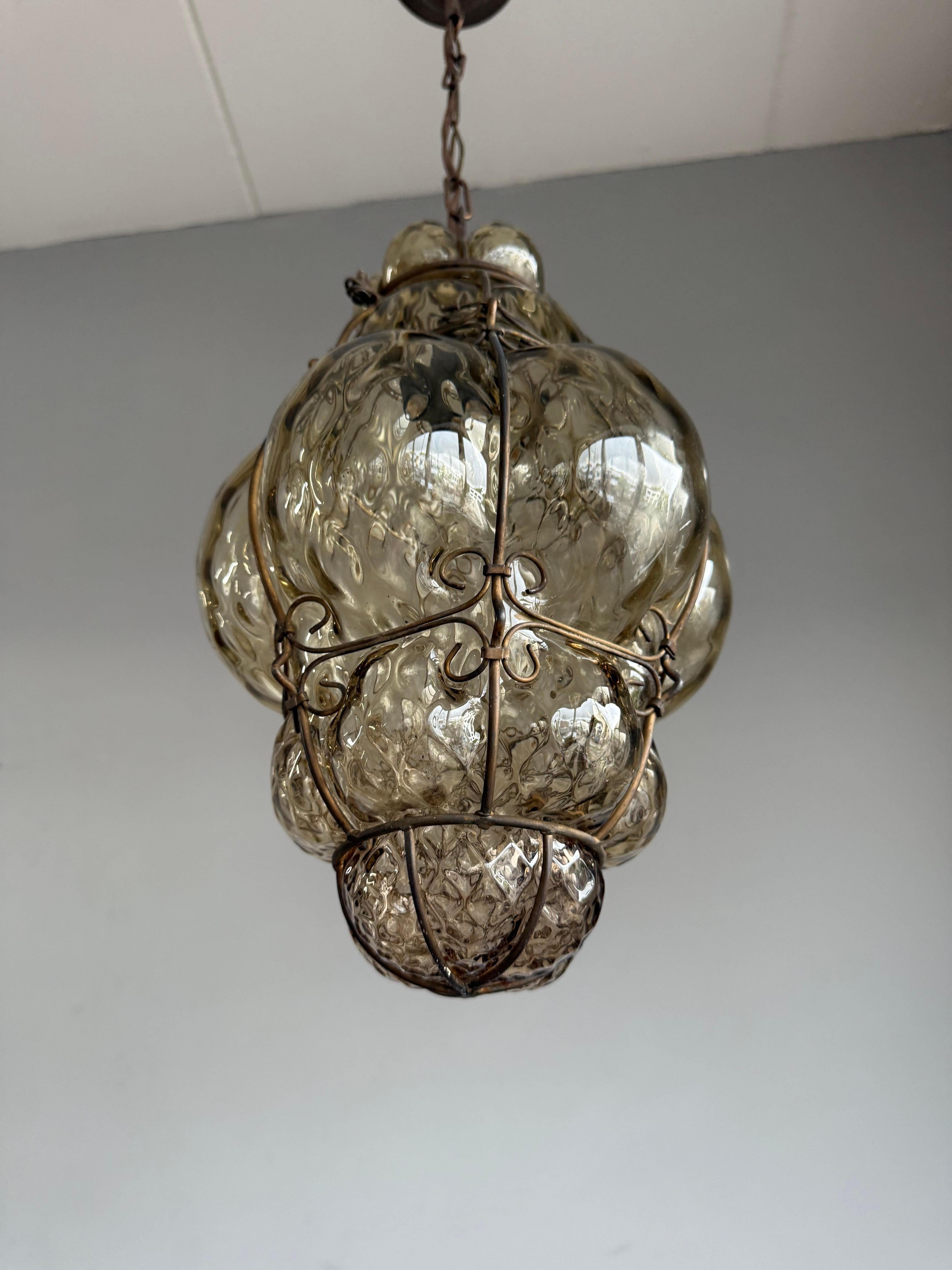 Arts & Crafts Era Venetian Pendant Light of Mouthblown Glass into an Iron Frame For Sale 12