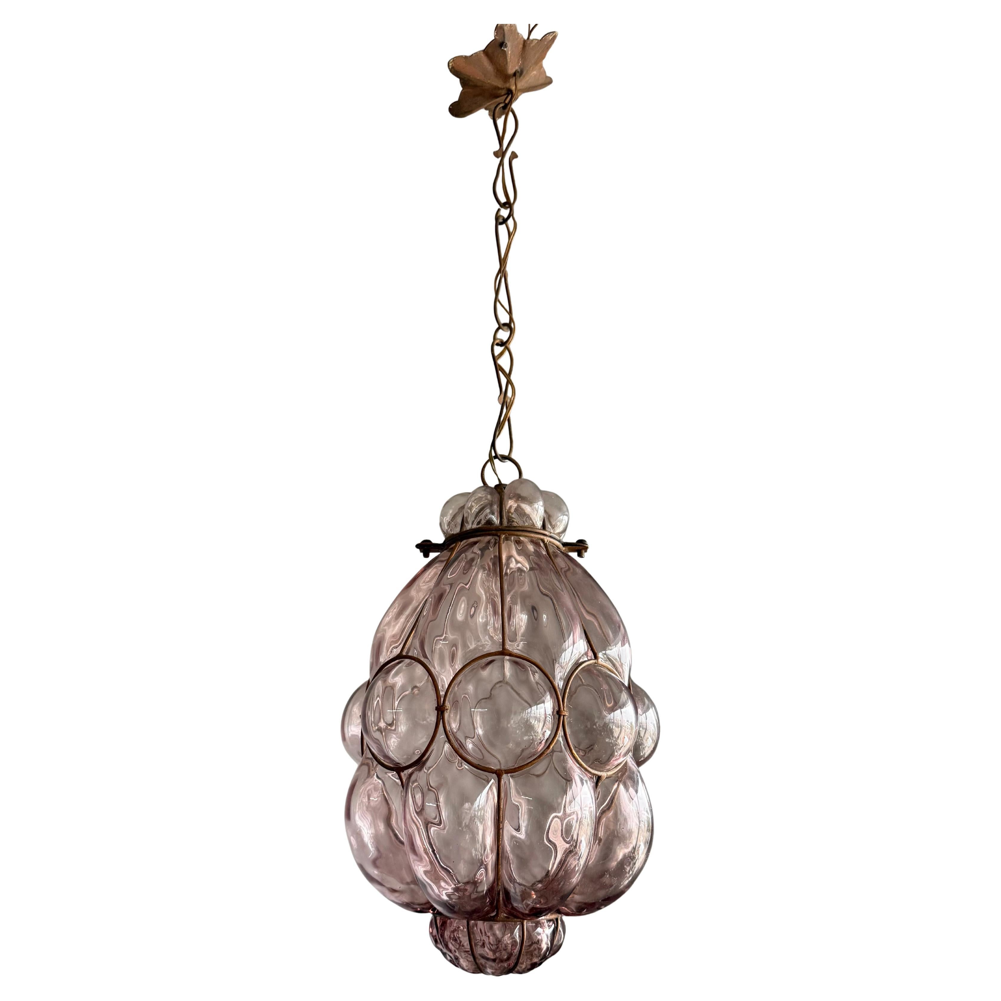 Arts & Crafts Era Venetian Pendant Light of Mouthblown Glass into an Iron Frame