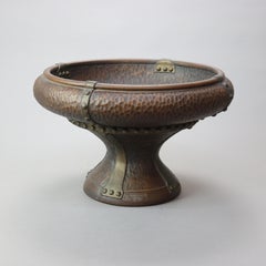Arts & Crafts Faux Hammered Copper Pottery Pedestal Center Bowl 20th C