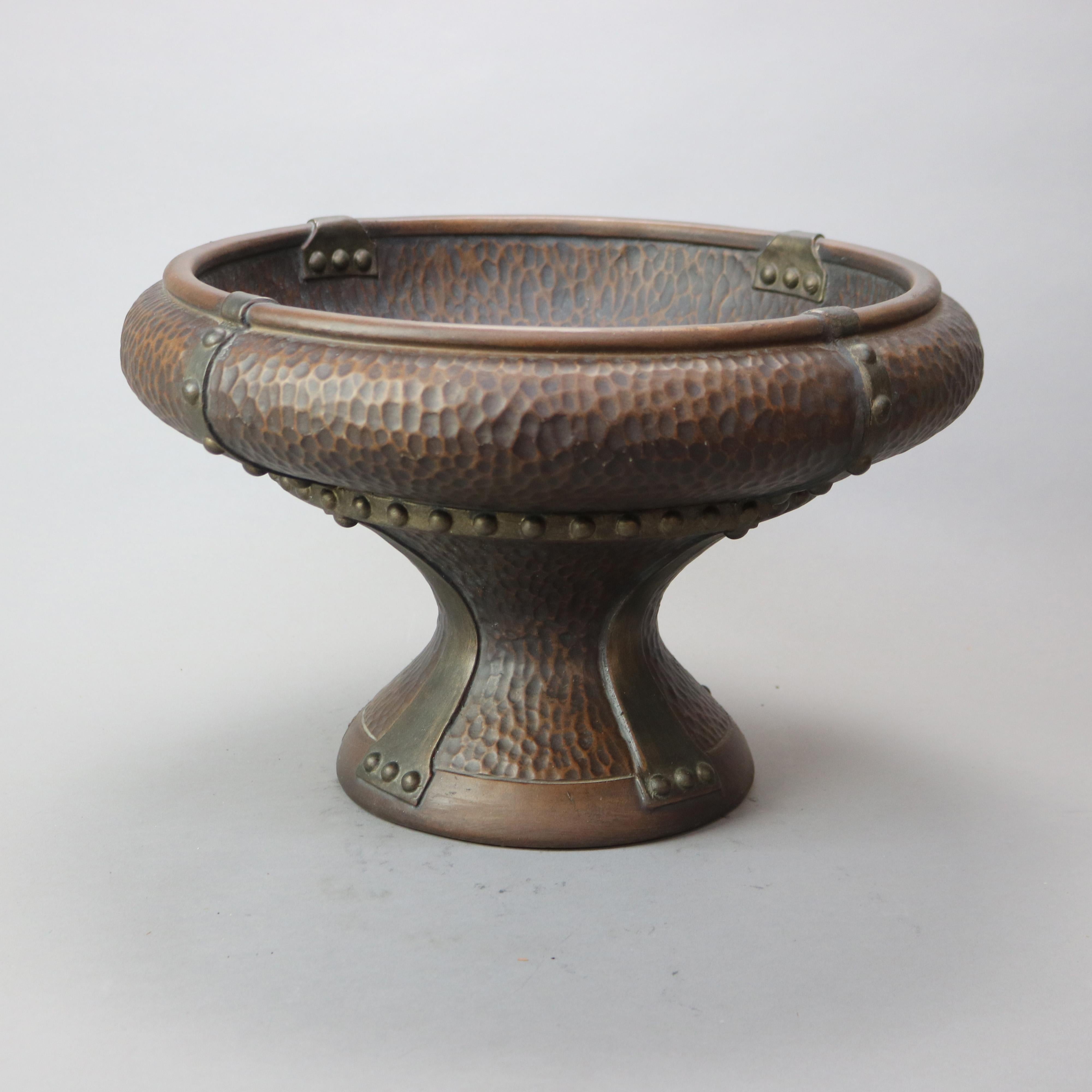 Arts and Crafts Arts & Crafts Faux Hammered Copper Pottery Pedestal Center Bowl 20th C