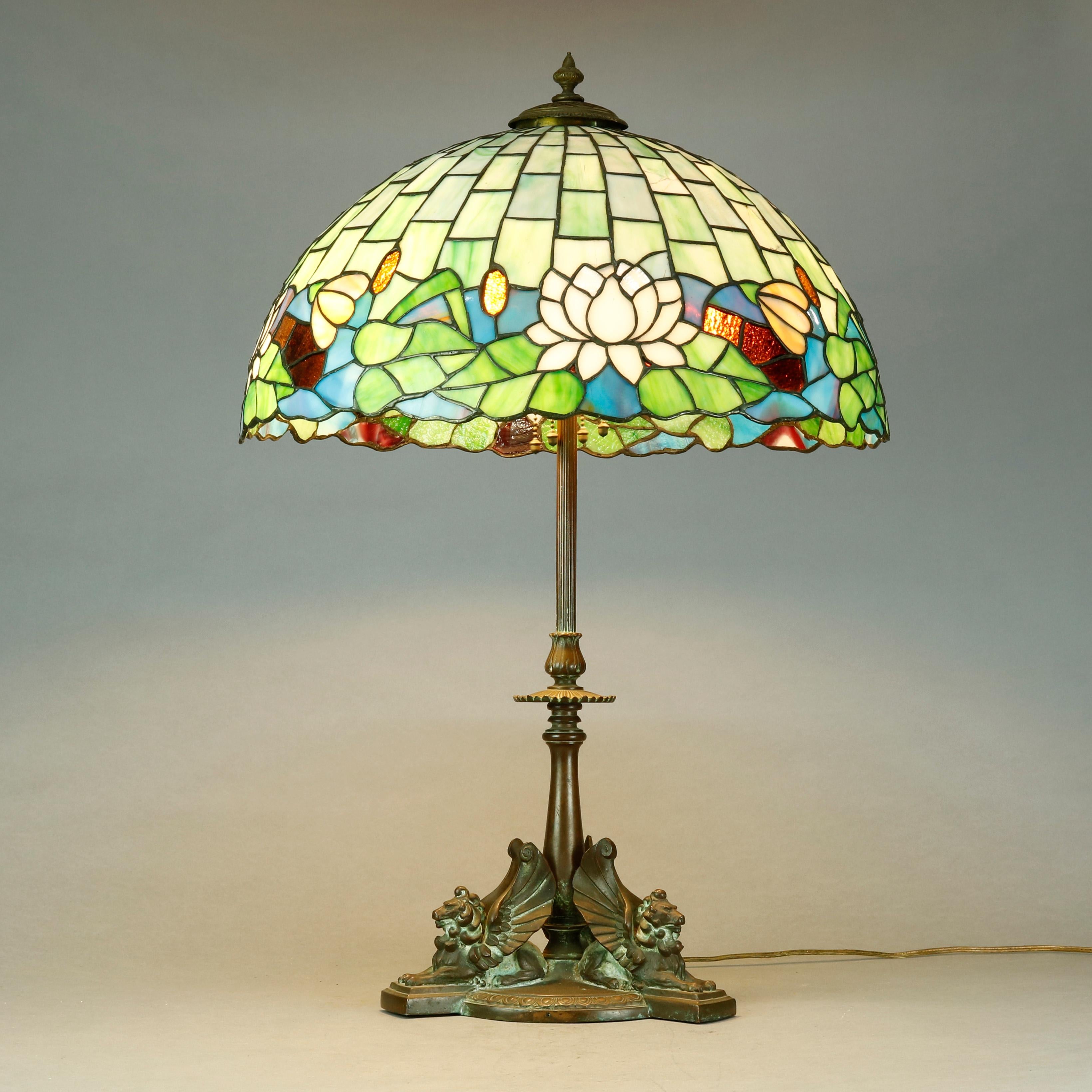 Arts & Crafts Figural Griffin Lamp by Handel & Mosaic Stained Glass Shade, c1920 8