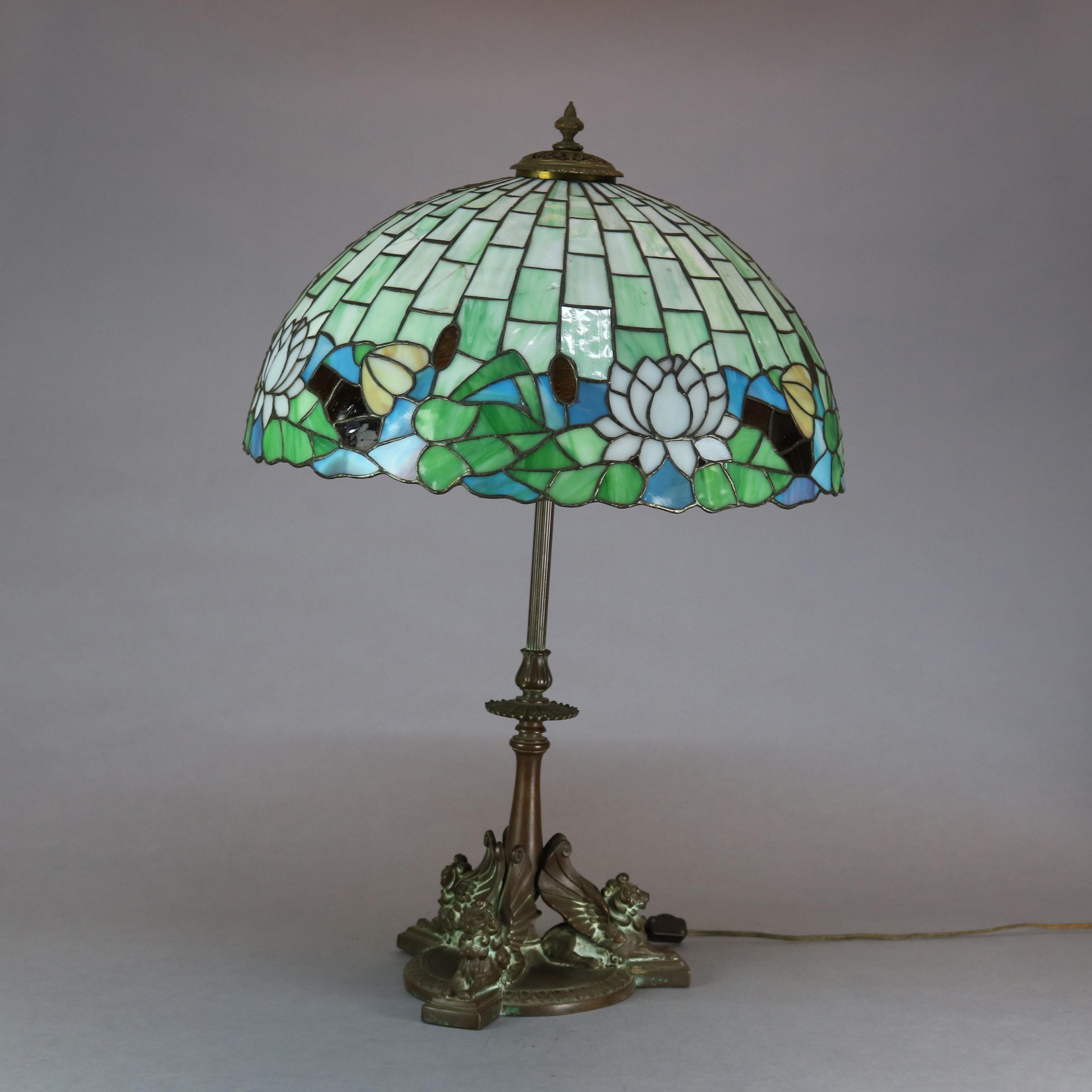 Arts & Crafts Figural Griffin Lamp by Handel & Mosaic Stained Glass Shade, c1920 12