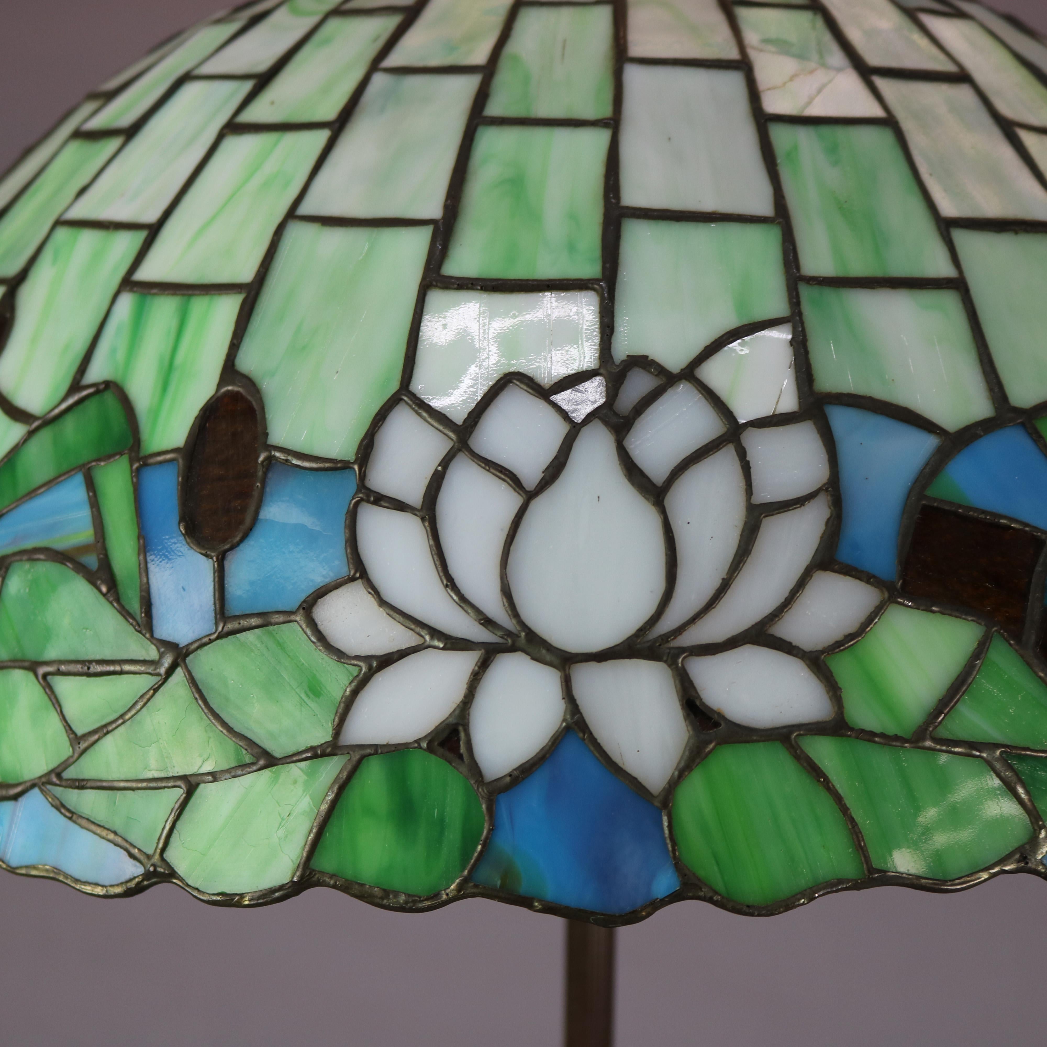 Arts and Crafts Arts & Crafts Figural Griffin Lamp by Handel & Mosaic Stained Glass Shade, c1920