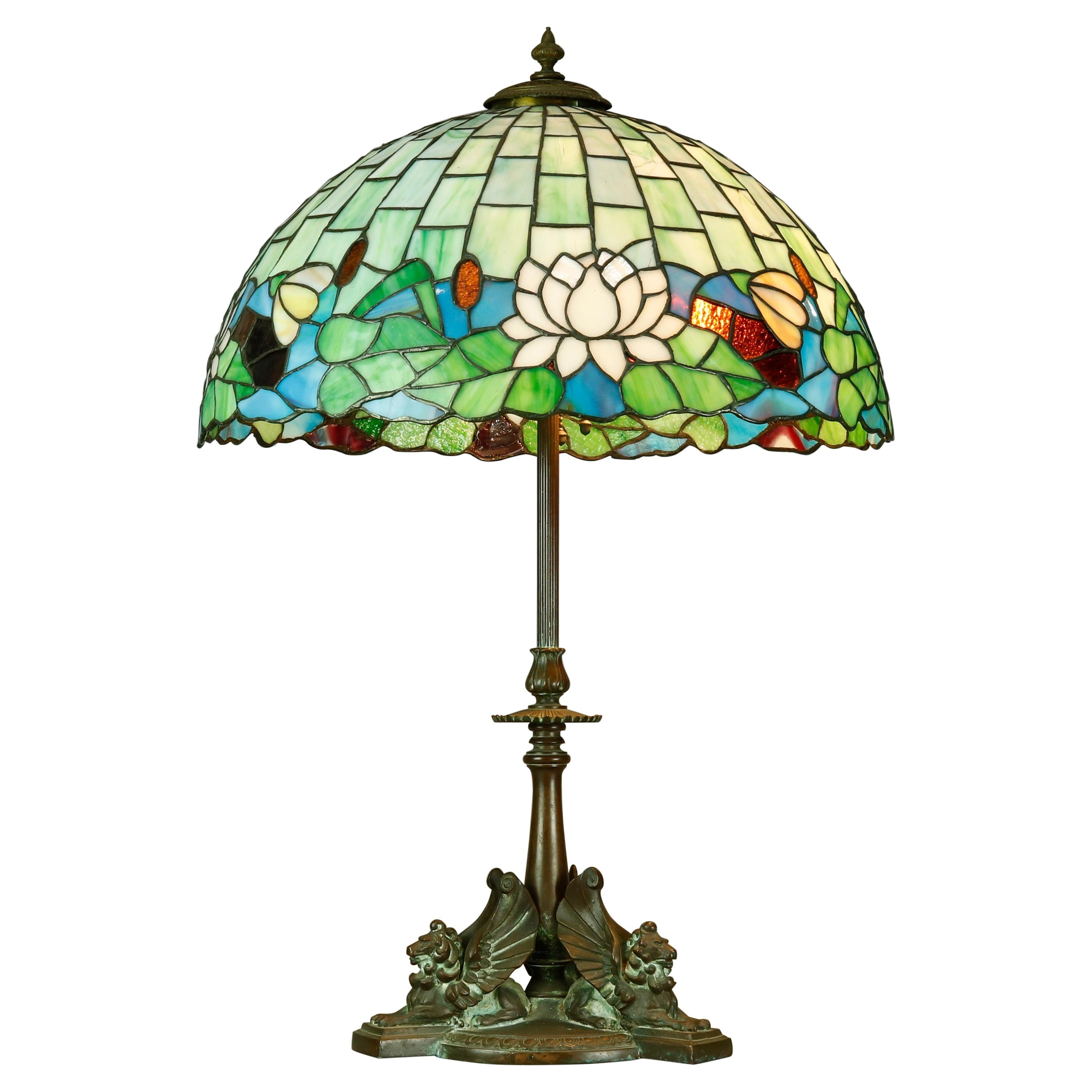 Arts & Crafts Figural Griffin Lamp by Handel & Mosaic Stained Glass Shade, c1920