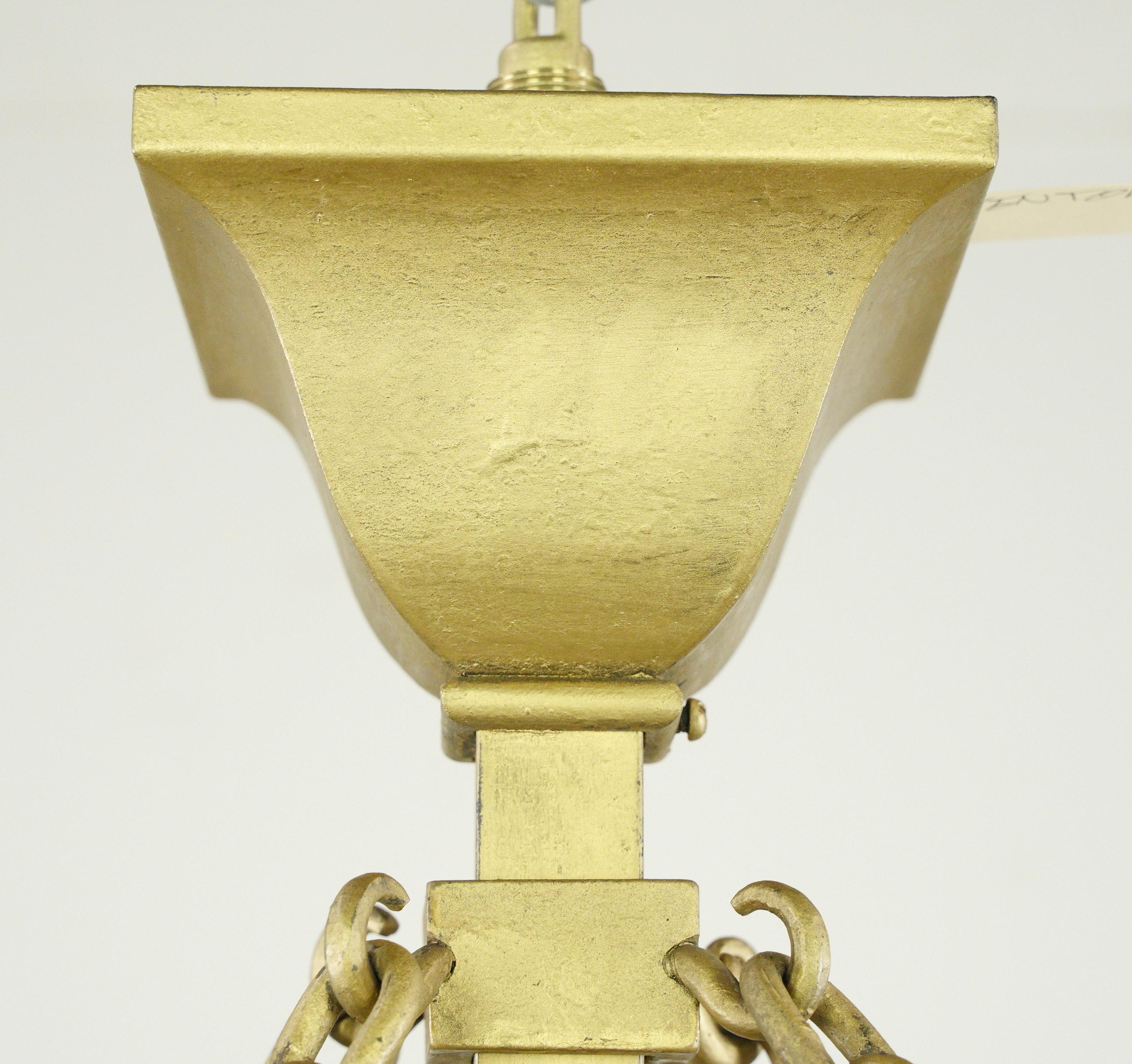 Arts & Crafts Figural Stained Glass Brass Pendant Light Rectangular  In Good Condition For Sale In New York, NY