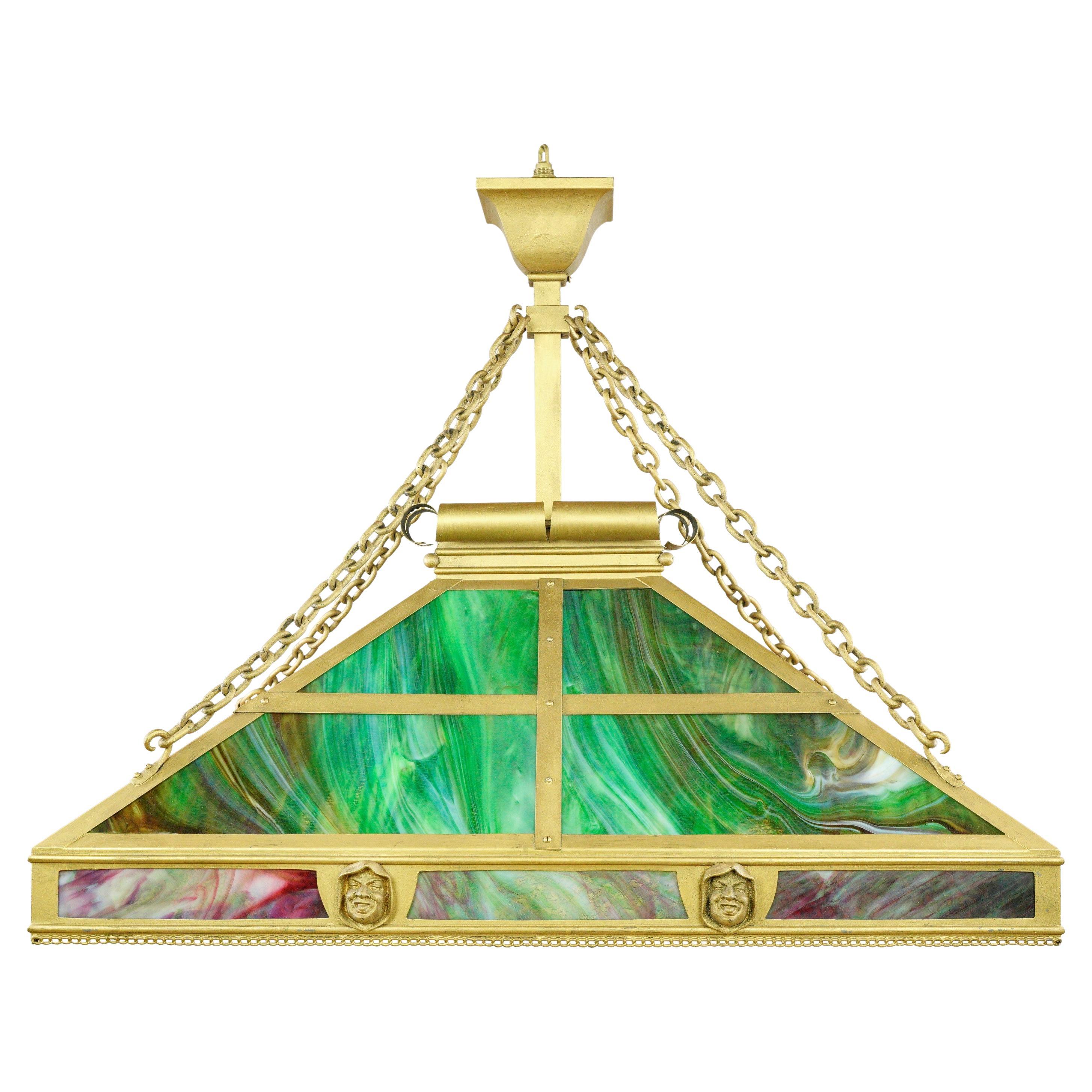 Arts & Crafts Figural Stained Glass Brass Suspension Light Rectangular (lampe à suspension en laiton avec vitrail)  en vente