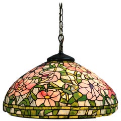 Vintage Arts & Crafts Floral Mosaic Leaded Slag Glass Hanging Dome Light, 20th Century