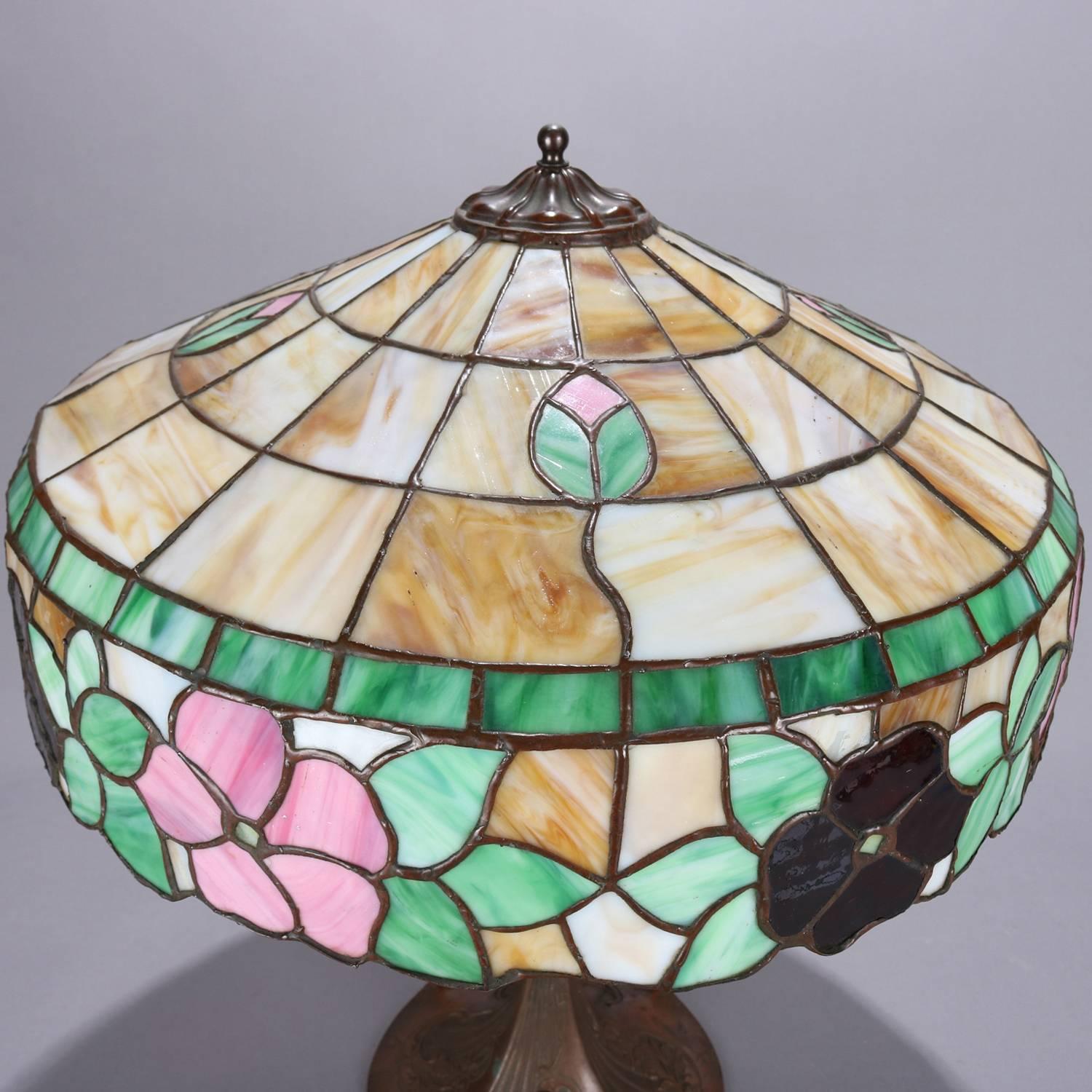 American Arts & Crafts Floral Mosaic Slag Glass Three-Light Table Lamp, circa 1910