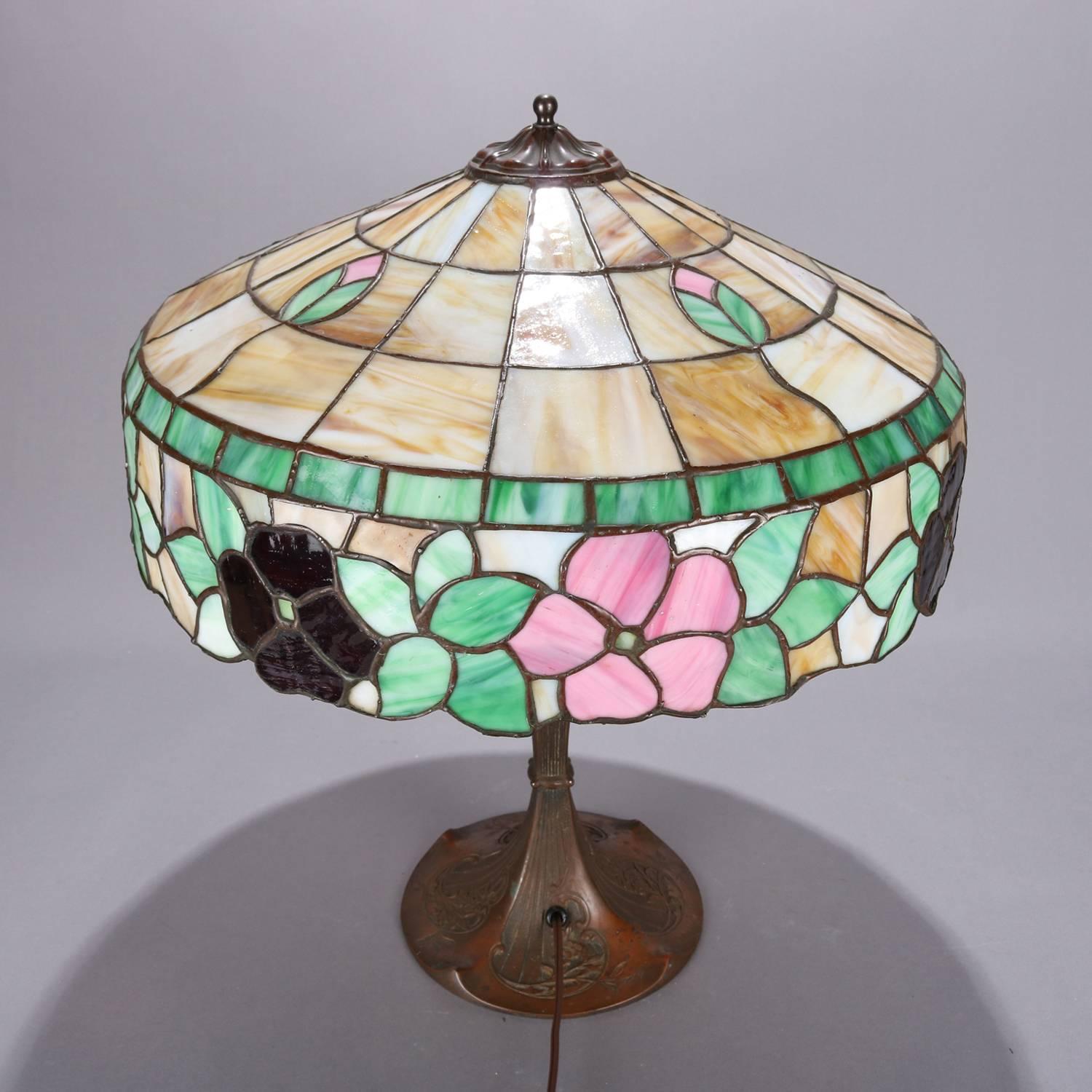 Arts & Crafts Floral Mosaic Slag Glass Three-Light Table Lamp, circa 1910 1