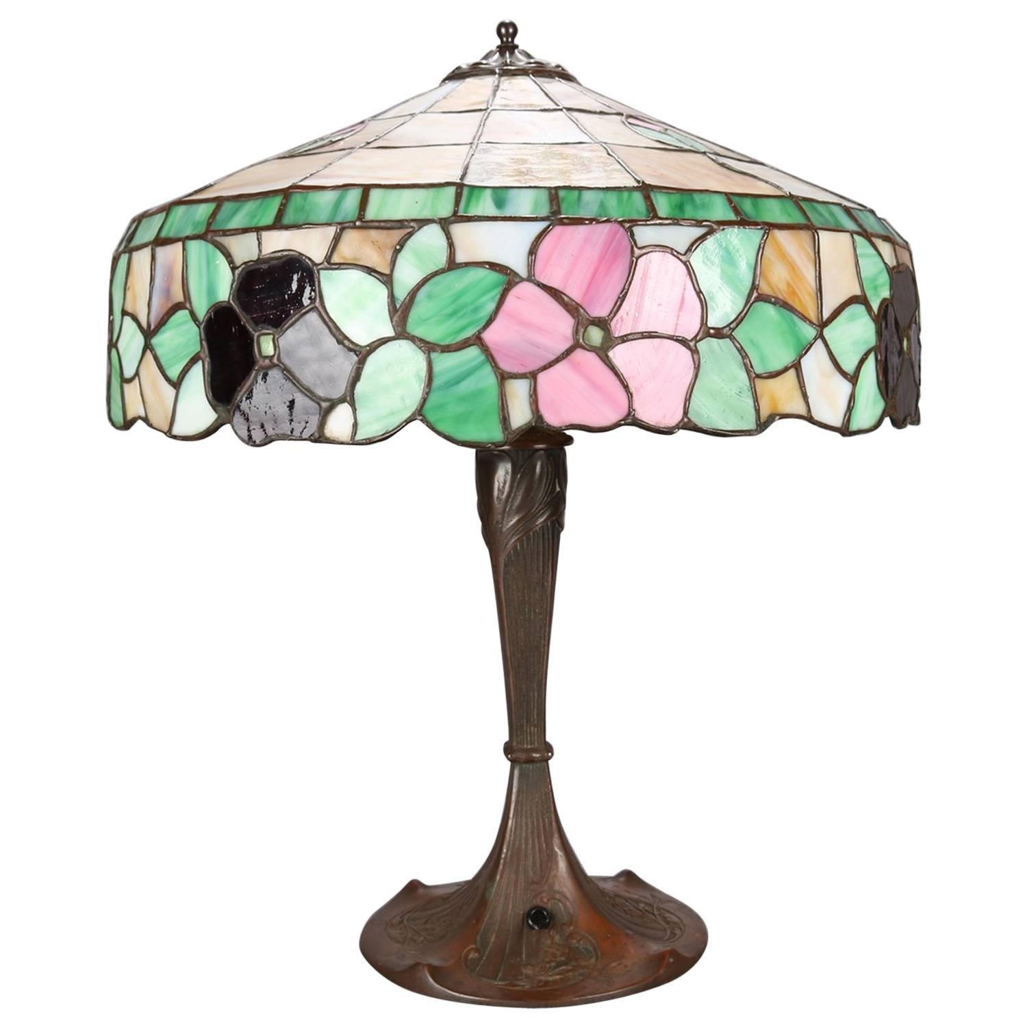 Arts & Crafts Floral Mosaic Slag Glass Three-Light Table Lamp, circa 1910